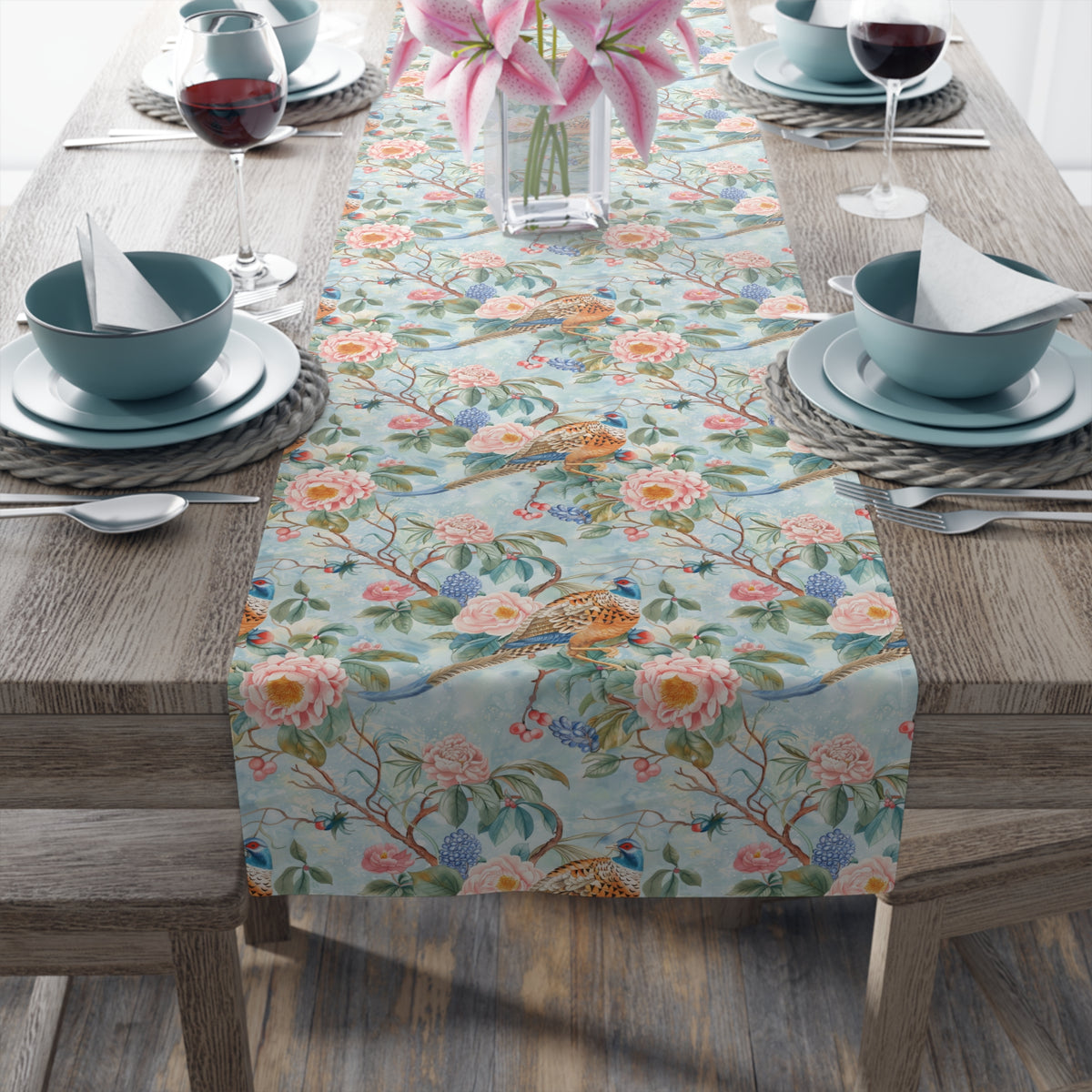 Chinoiserie Botanical Floral Table Runner - Elegant Table Linen Centerpiece for Home Decor - Mid Century Modern Gal