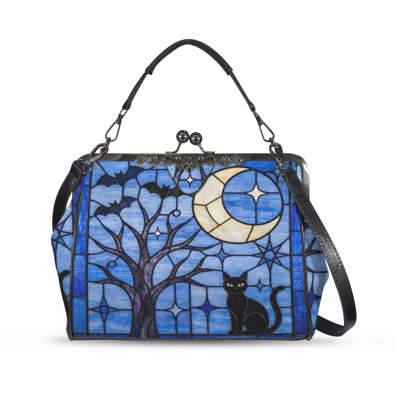 Halloween Stained Glass Style Night Sky Black Cat Kisslock Crossbody Purse