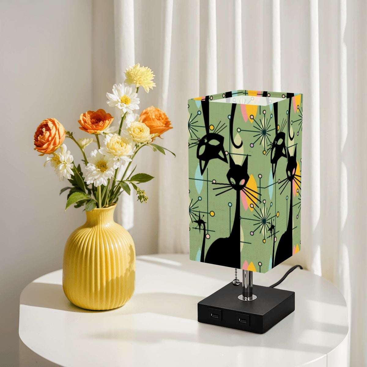 Atomic Starburst Atomic Cat Green Yellow Sputnik Designed MCM Square Table Lamp with USB Ports - Mid Century Modern Gal
