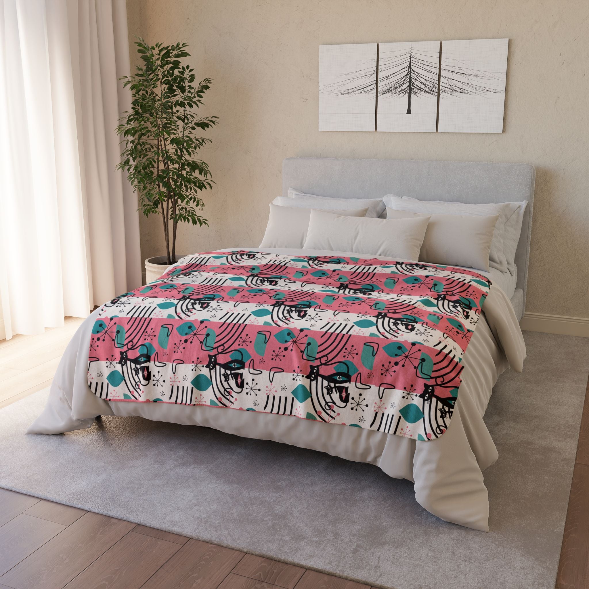 Mid-Century Modern Atomic Cat Pink Teal Retro Cat Fleece Sherpa Blanket - Cozy & Stylish - Mid Century Modern Gal
