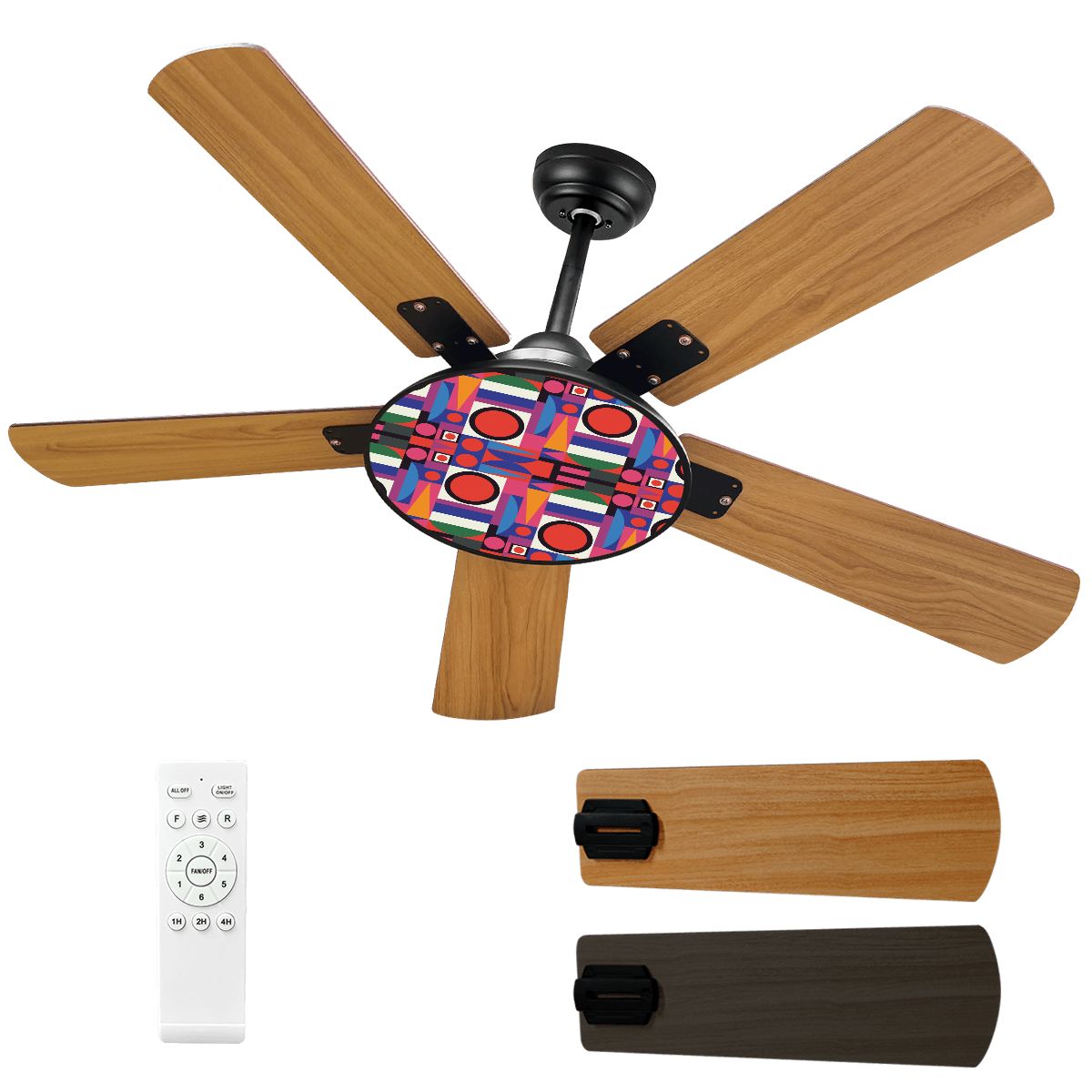 Mid Century Modern Bauhaus Red, Blue, Green Yellow Geometric Designed Ceiling Fan With Light - Mid Century Modern Gal