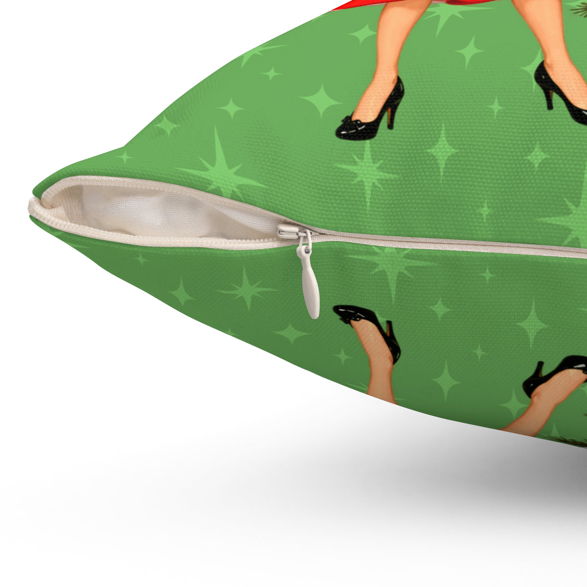 Mid Century Modern Gal Decorating Christmas Tree, Green Atomic Starbursts Pillow Cover and Insert