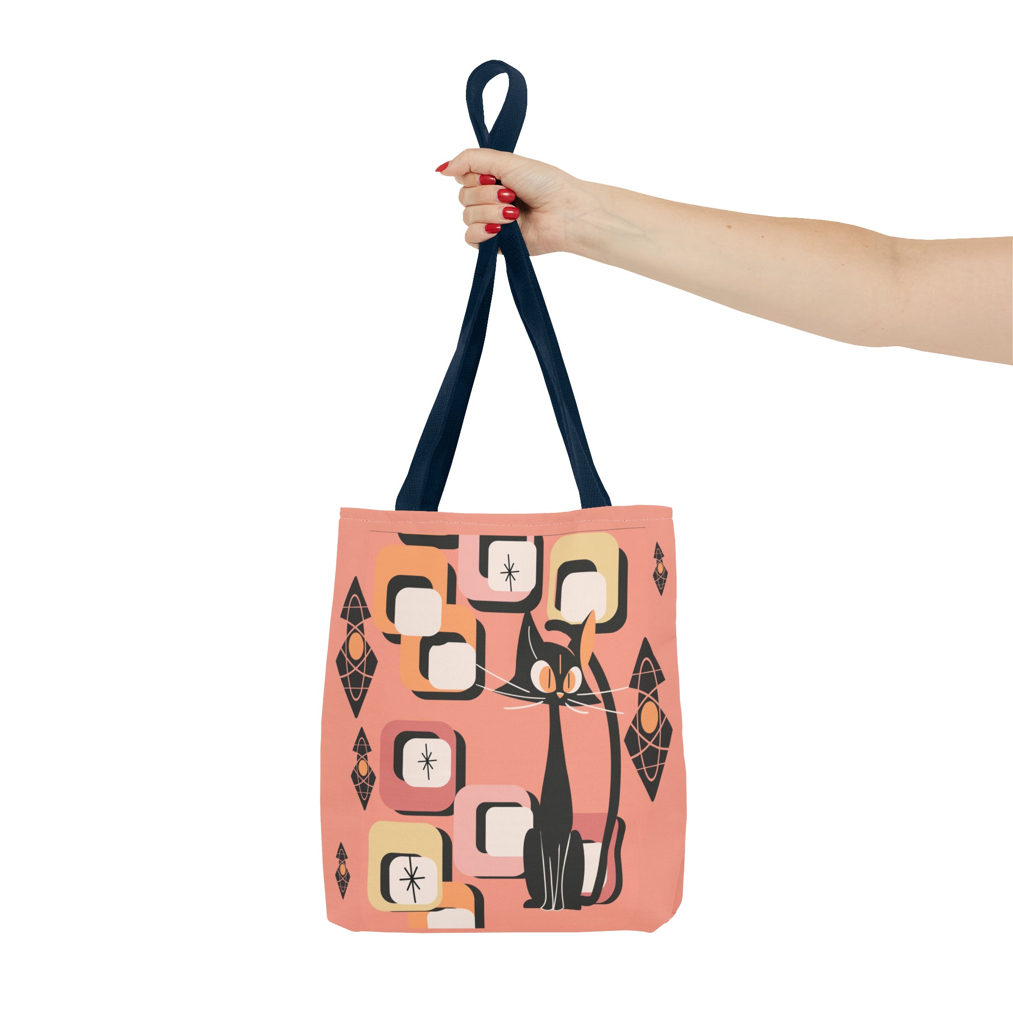 Atomic Cat Tote Bag, Coral Color, Mid Century Modern Geometric Designs, Mid Mod Retro Apparel - Mid Century Modern Gal