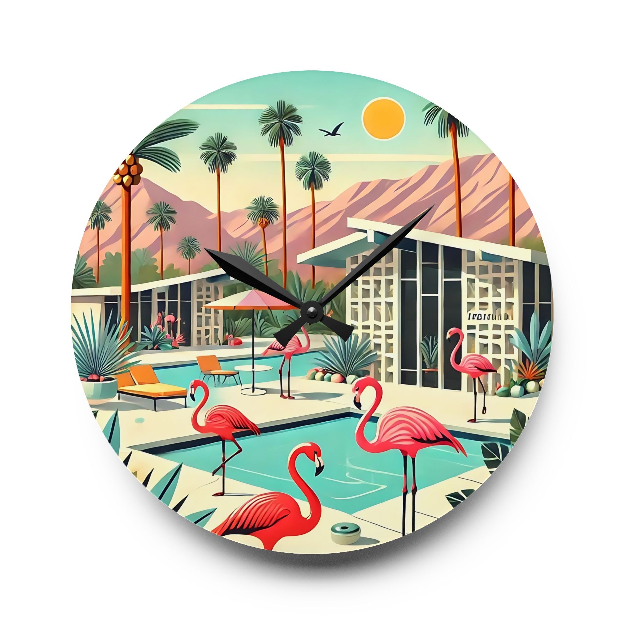 Palm Beach California Flamingo Clock, Kitsch Mod Acrylic Wall Clock - Mid Century Modern Gal