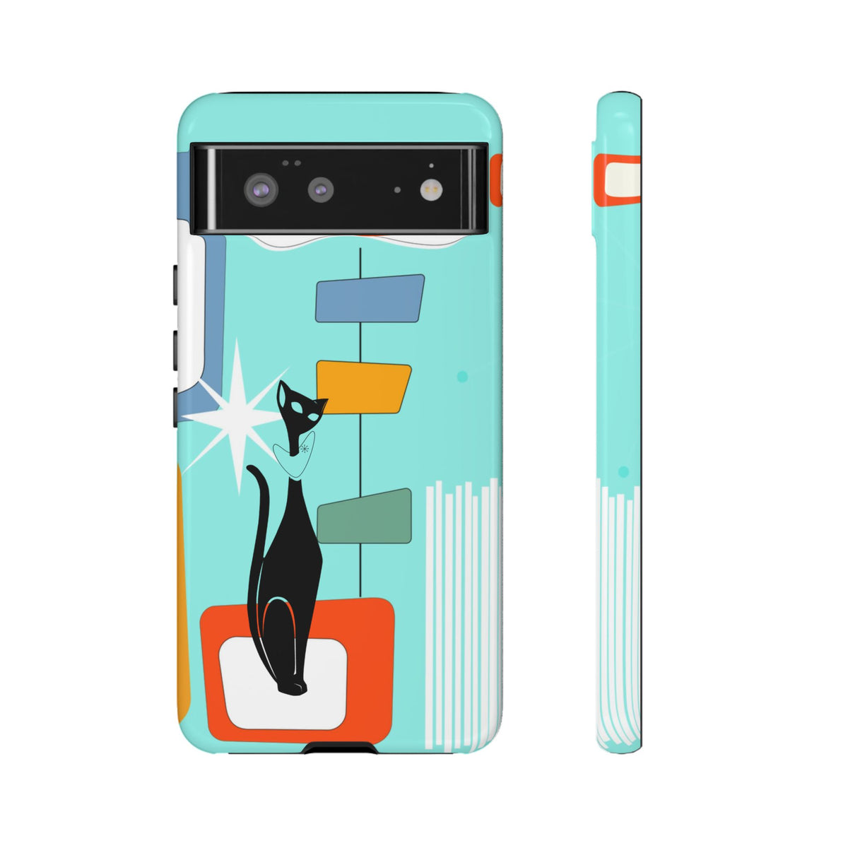 Atomic Cat, Mid Mod Aqua Blue, Geometric, Samsung, Google Pixel, Apple iPhone Tough Cases - Mid Century Modern Gal