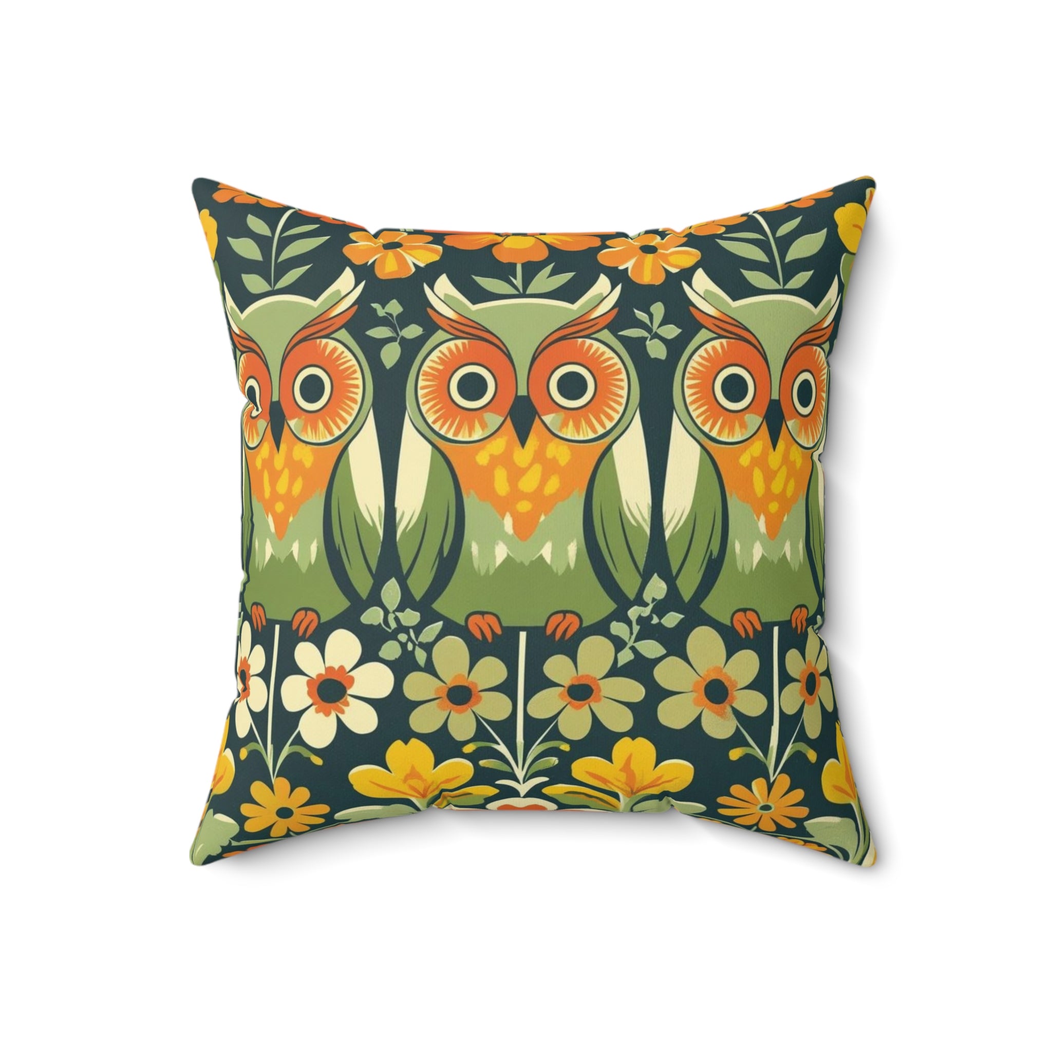 Retro Owl Flower Power Groovy 70s Floral Green, Orange Fall Pillow And Insert - Mid Century Modern Gal
