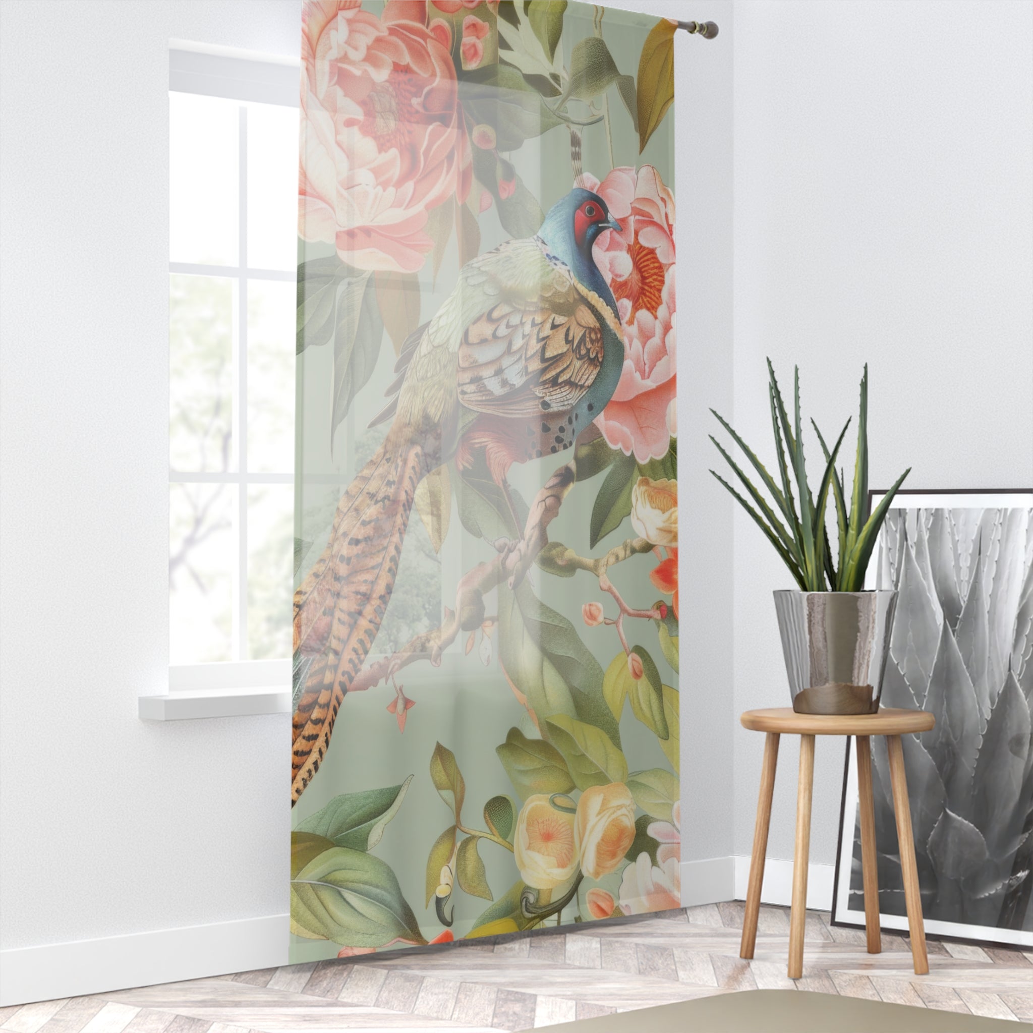 Chinoiserie Window Curtains Floral Pheasant Bird Window Curtain, Elegant Home Decor, Living Room Accent, Bohemian - Mid Century Modern Gal