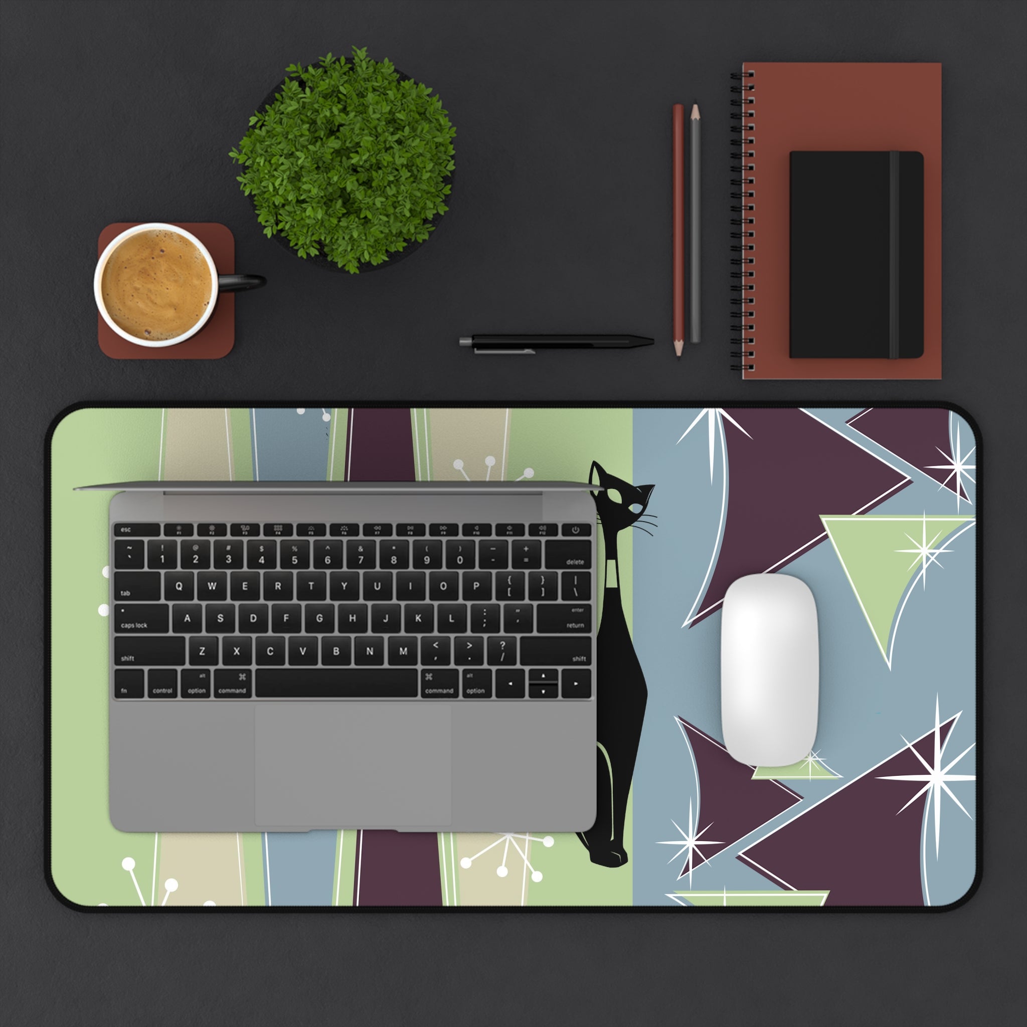 Mid Century Modern, Atomic Cat, Green, Blue, Purple, Starburst Retro MCM Desk Mat - Mid Century Modern Gal
