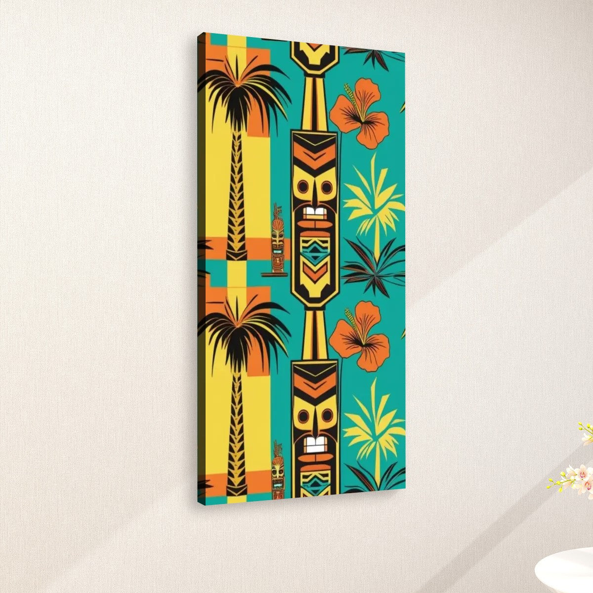 Mid Century Modern Tiki Wall Art, Teal, Yellow, Orange Large Canvas Print - Mid Century Modern Gal