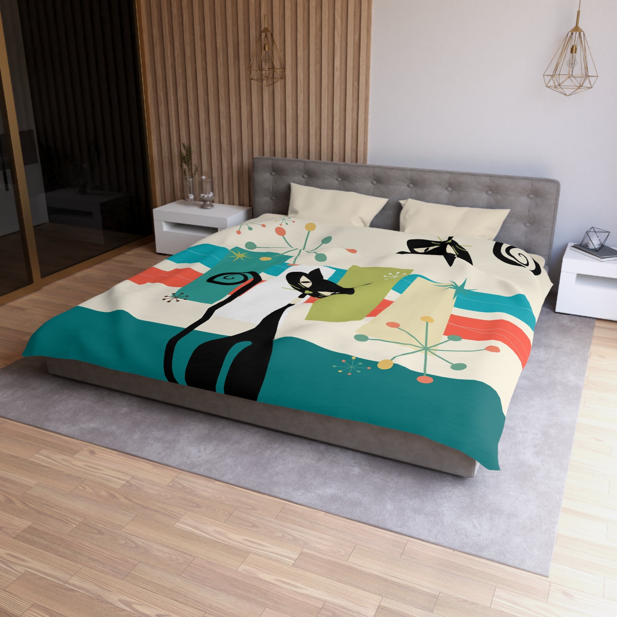 Mid Cenury Modern Atomic Cat, MCM Bedding, Starbursts,Teal, Orange, KItschy Quirky Fun Duver Cover - Mid Century Modern Gal