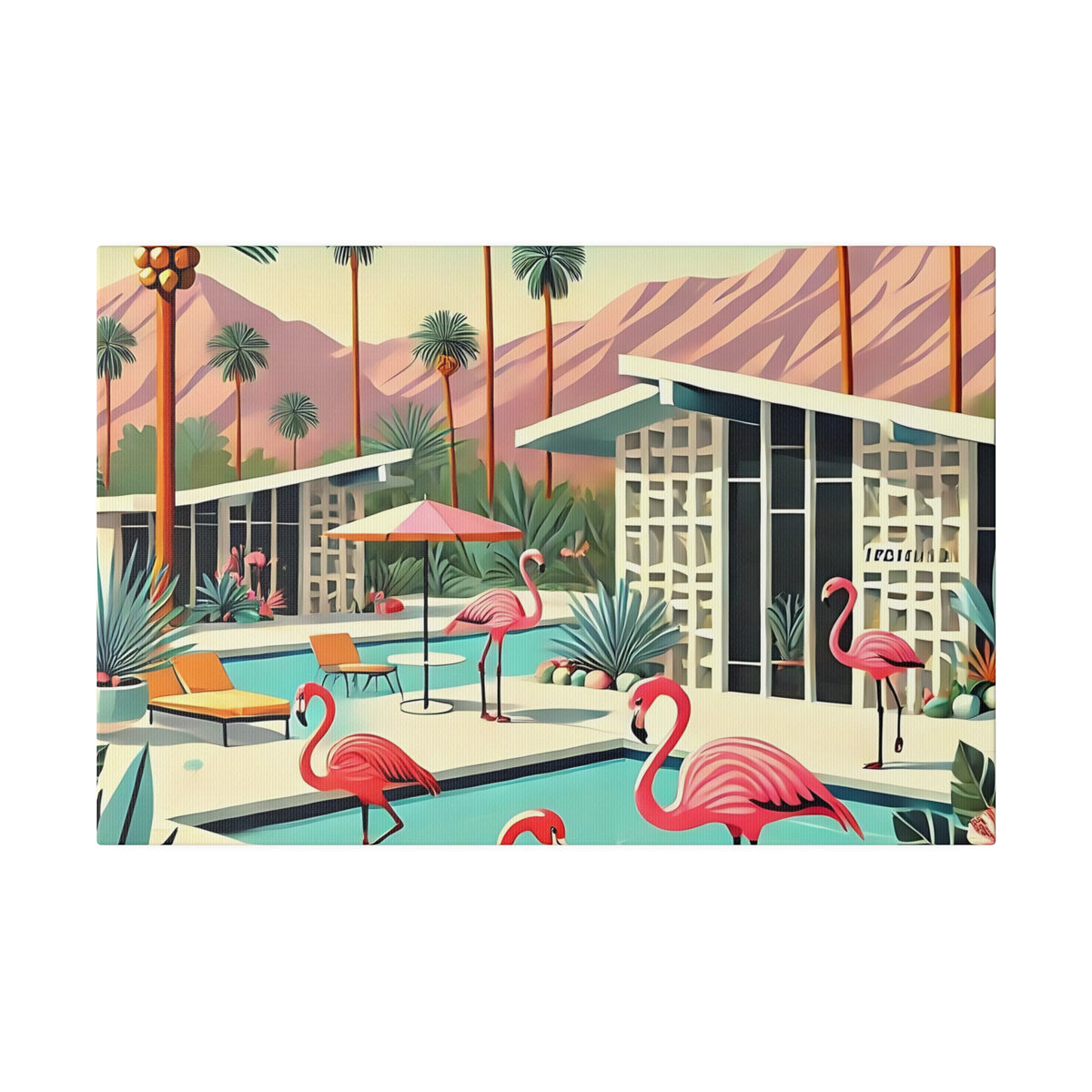 Mid-century modern wall art featuring pink flamingos by a pool with Palm Springs architecture and desert mountains.