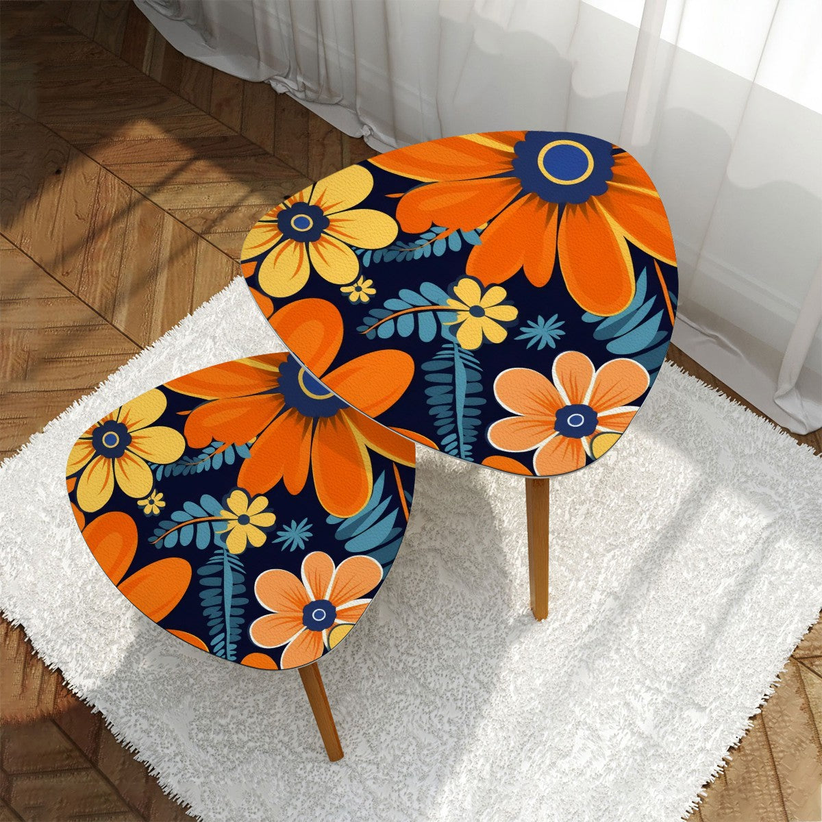 Bohemian Floral Navy Blue, Orange, Retro Nesting Tables - Mid Century Modern Gal