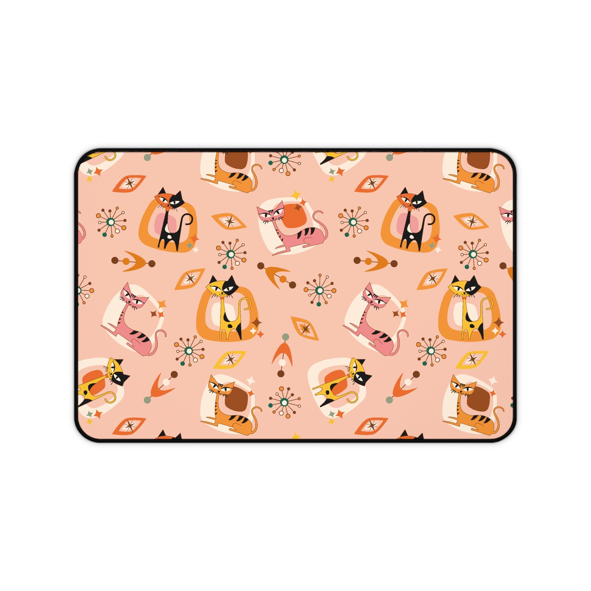 Atomic Cat Desk Mat, Mid Century Modern Office Kitschy Coral Cute Kitties Office Decor - Mid Century Modern Gal