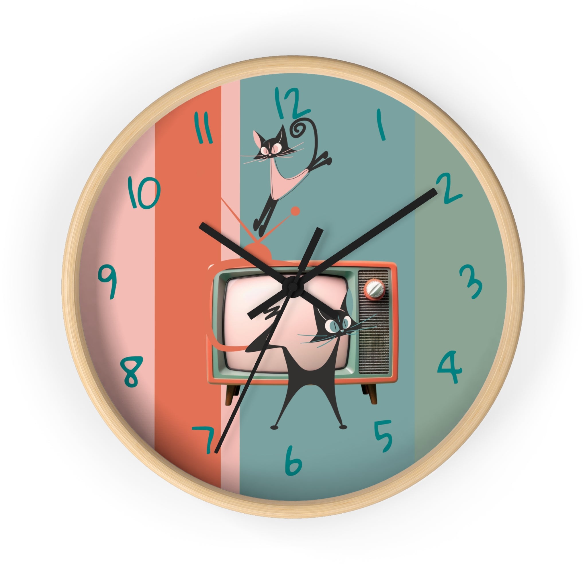 Atomic Cat Wall Clock, Mid Century Modern TV, Kitschy Black Cats, Whimsical Retro Cat Mom Gift For Bedroom, Livingroom, Kitchen - Mid Century Modern Gal