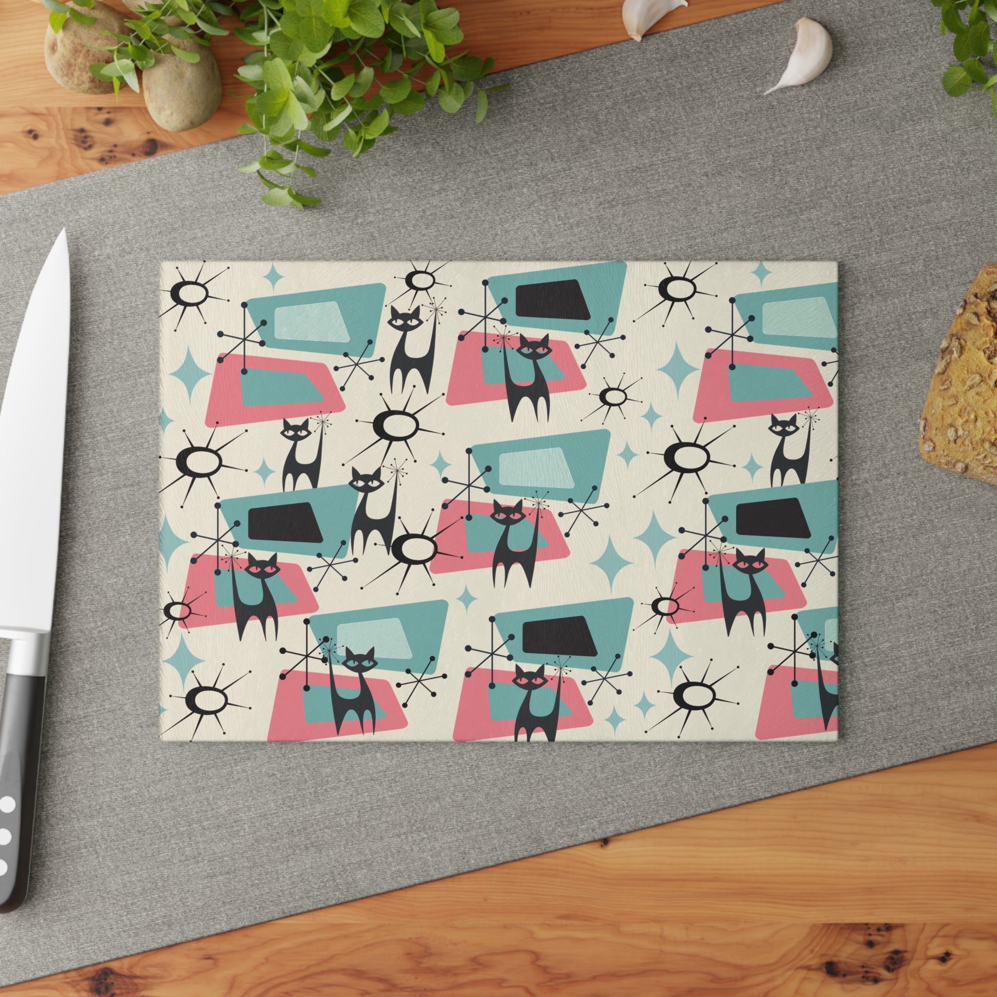 Atomic Space Cat, Cheese Board, Party Glass Cutting Board - Mid Century Modern Gal