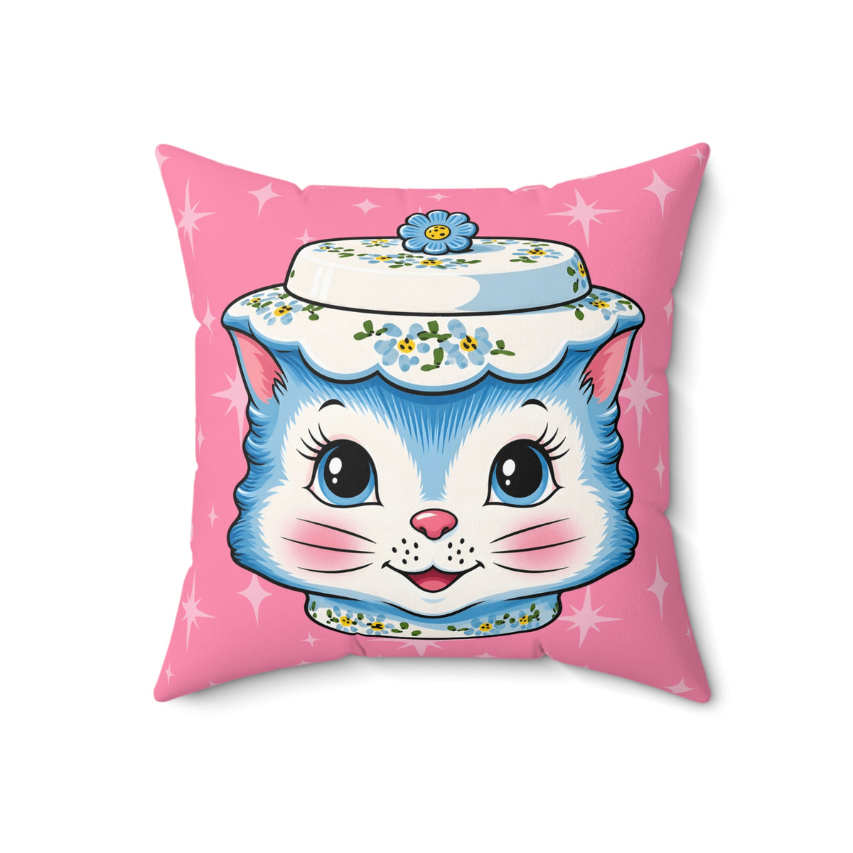 Mid Century Modern Kitschy Anthropomorphic Blue Cat with Floral Hat Pillow Cover and Insert - Mid Century Modern Gal