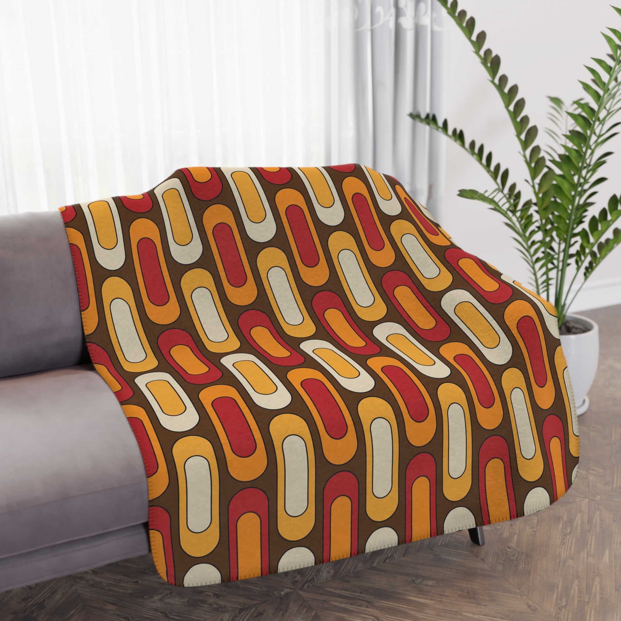 Mid Century Modern Blanket, Geometric Brown, Mustard Yellow, Burnt Red Cozy Retro Tan Sherpa Blanket - Mid Century Modern Gal