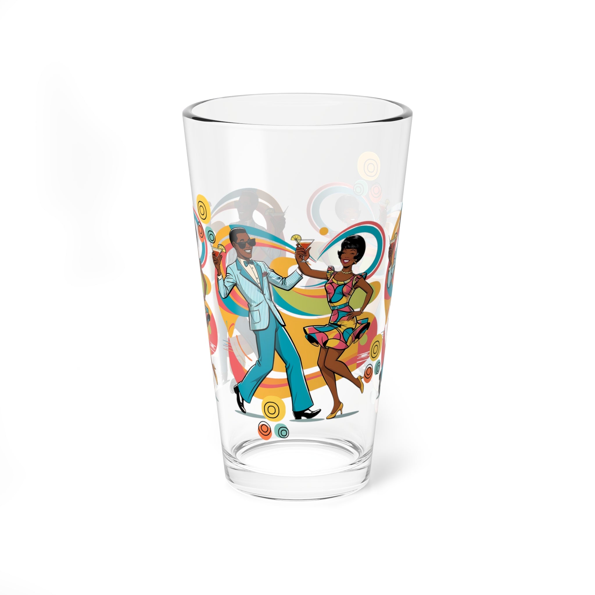 Mid Century Modern Barware, Black Couple, Retro Cocktail Mixing Glass - 16oz with Vibrant Dance Design - Mid Century Modern Gal