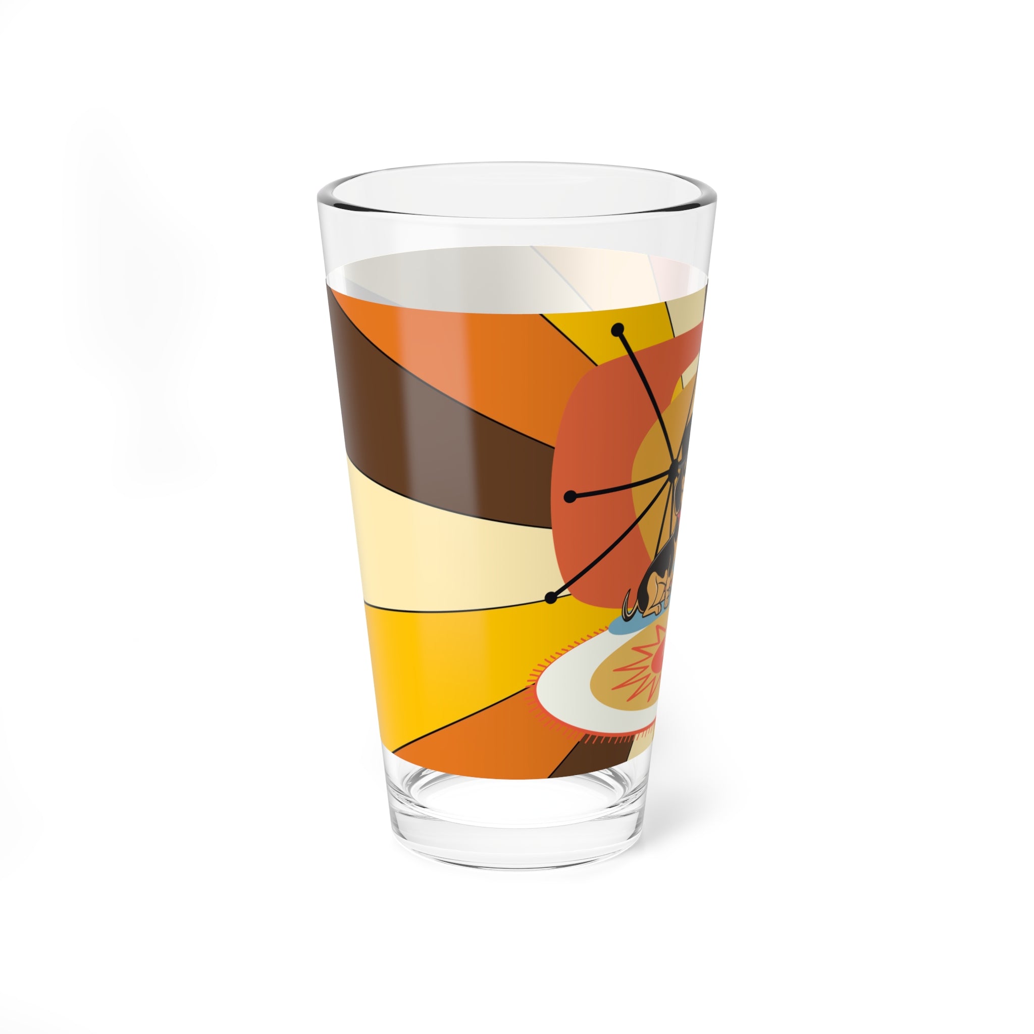 Retro Doxie Weiner Dog, Dachshund Groovy Mod Vintage Cocktail Mixing Glass with Playful Dog Design - 16oz - Mid Century Modern Gal
