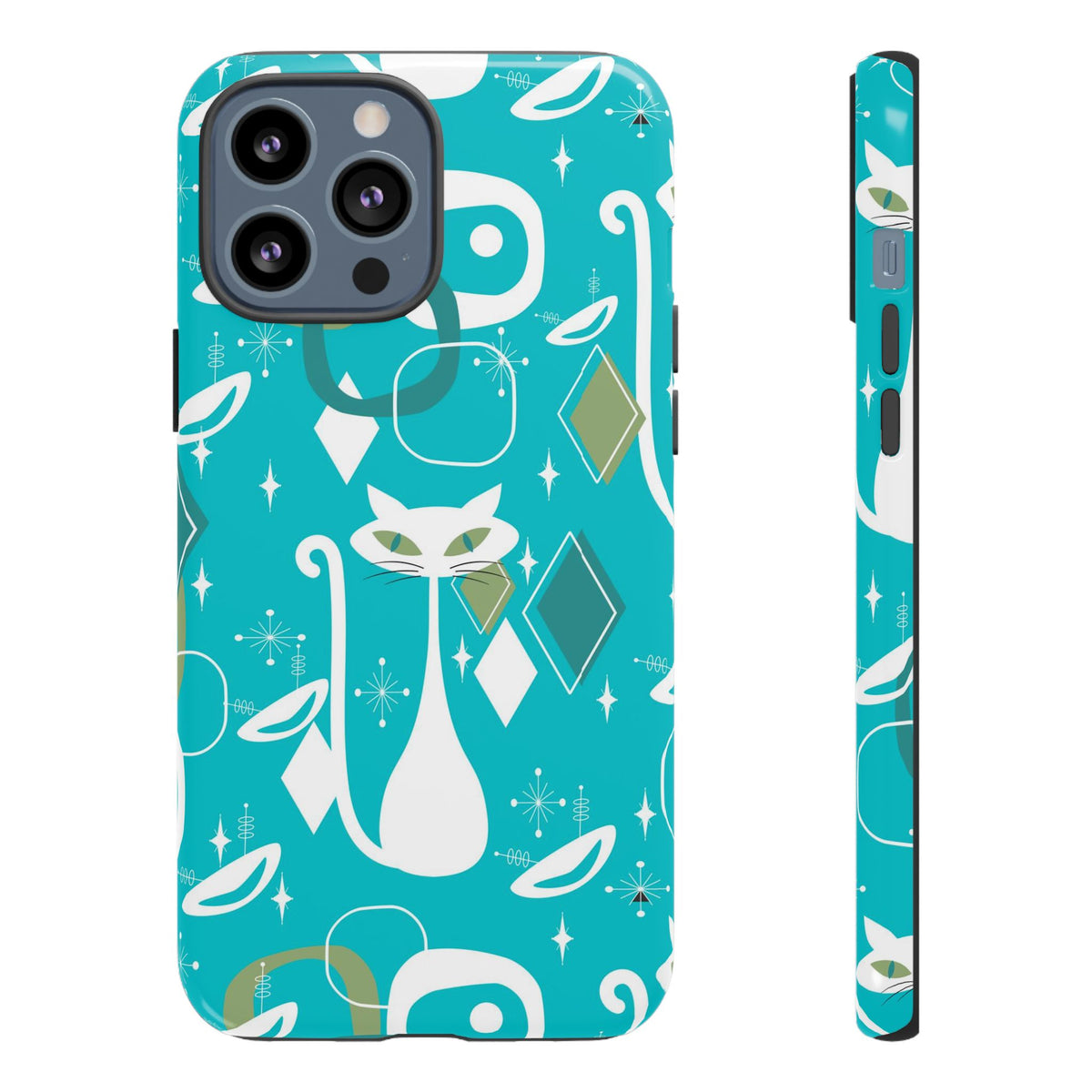 Atomic Cat Space Designs, Mid Century Modern, Aqua, White Kitschy Cat Tough Phone Case