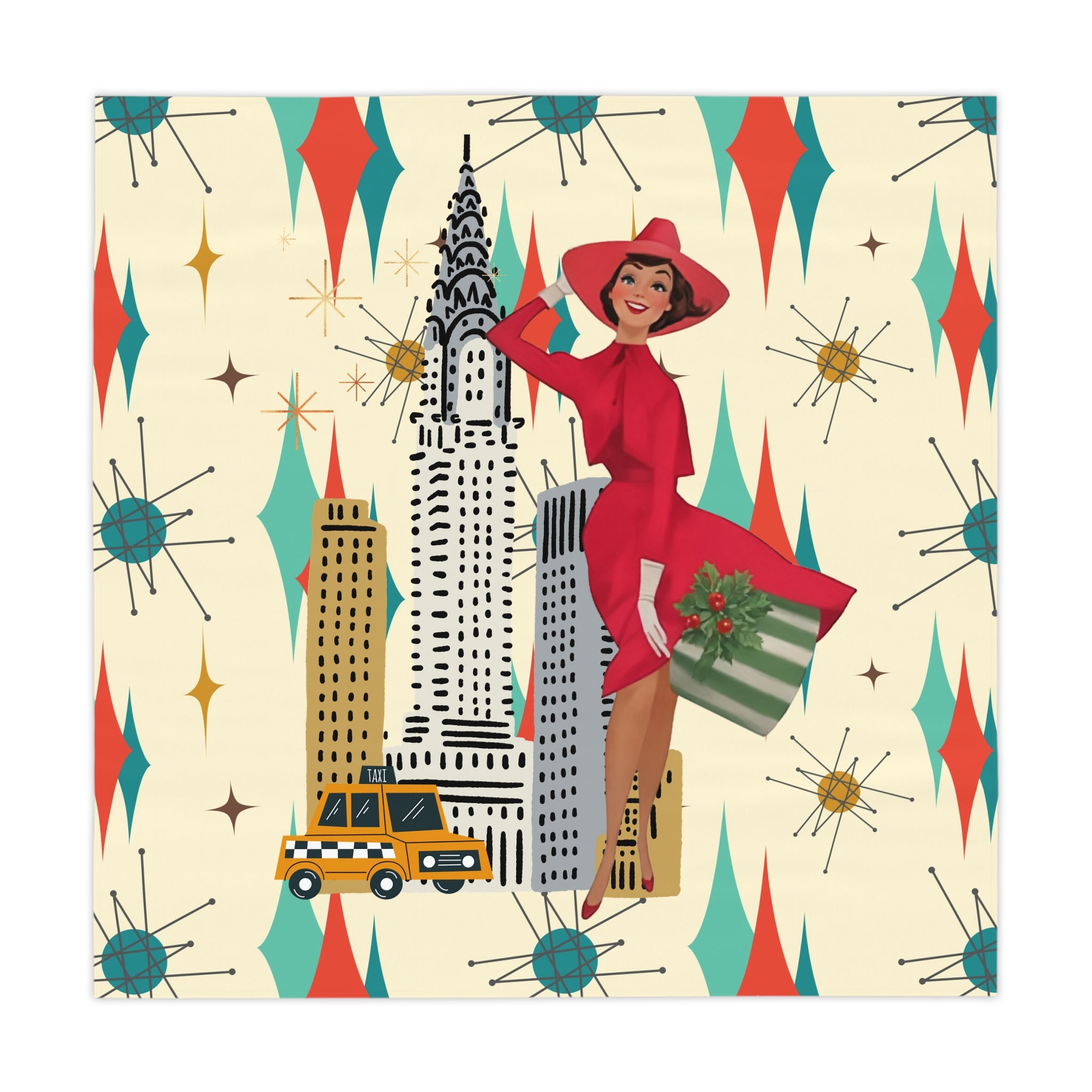 Mid Century Modern Christmas Retro Chic Tablecloth with Vintage New York Design - Mid Century Modern Gal