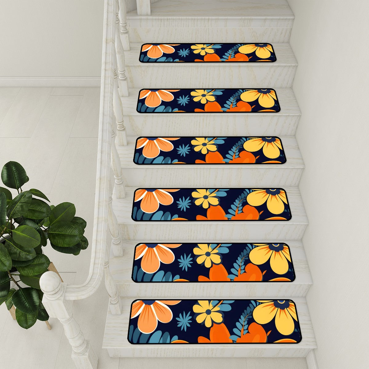 Retro Boho Floral Blue, Yellow Orange Modern Non Slip Carpet for Stairs Treads - Mid Century Modern Gal