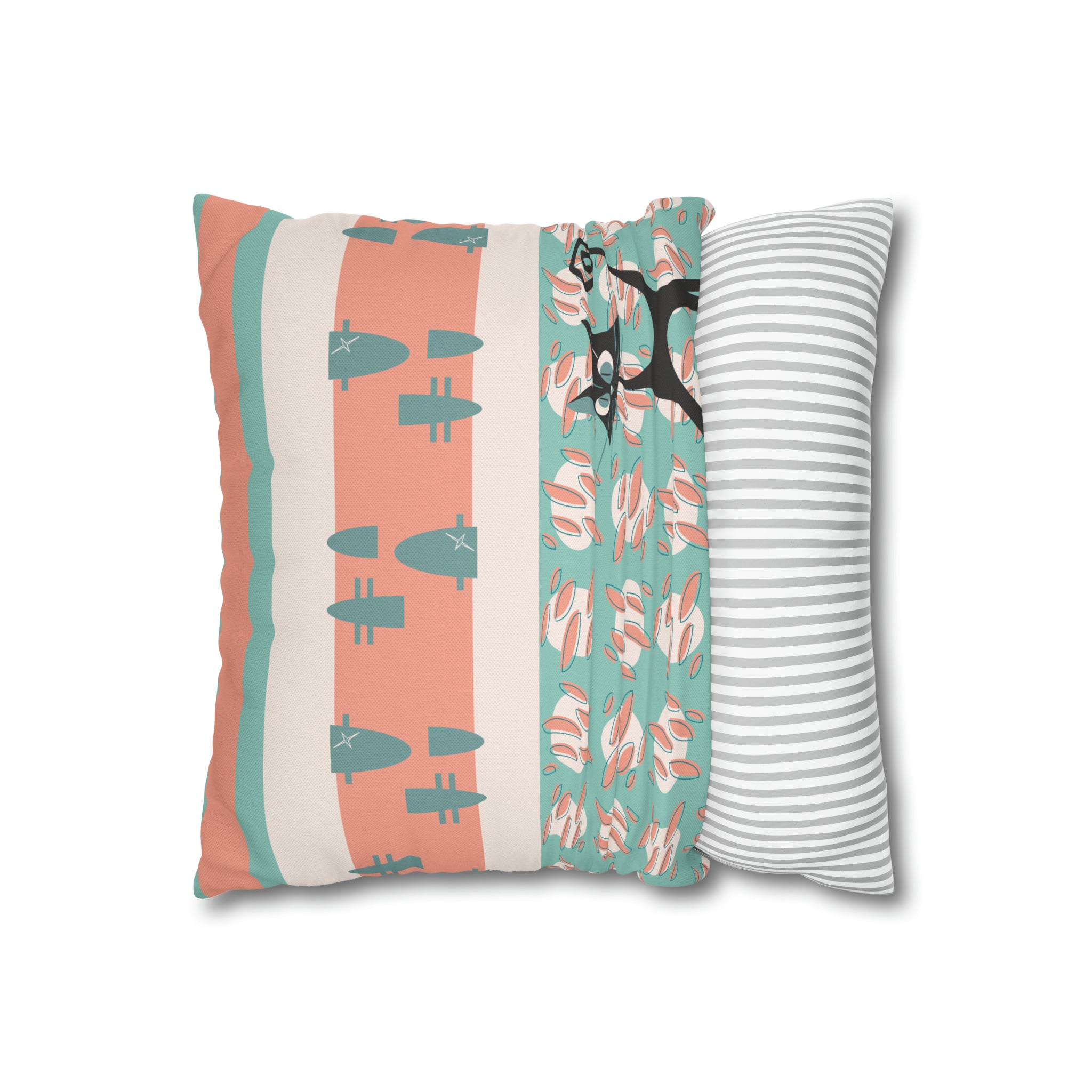 50s Nostalgic Atomic Cat Mid Century Modern Aqua, Coral Pink Peach, Kitschy Mid Century Modern Pillow Cover ONLY - Mid Century Modern Gal