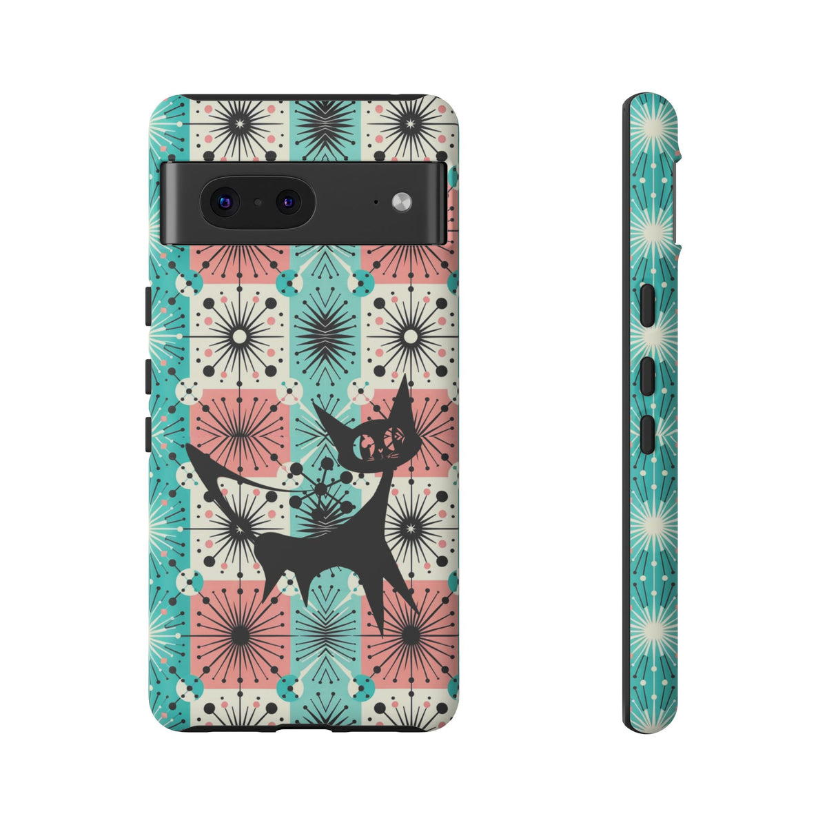 Atomic Kitschy Cat, Mid Century Modern Pink, Aqua Starbursts Tough Phone Case
