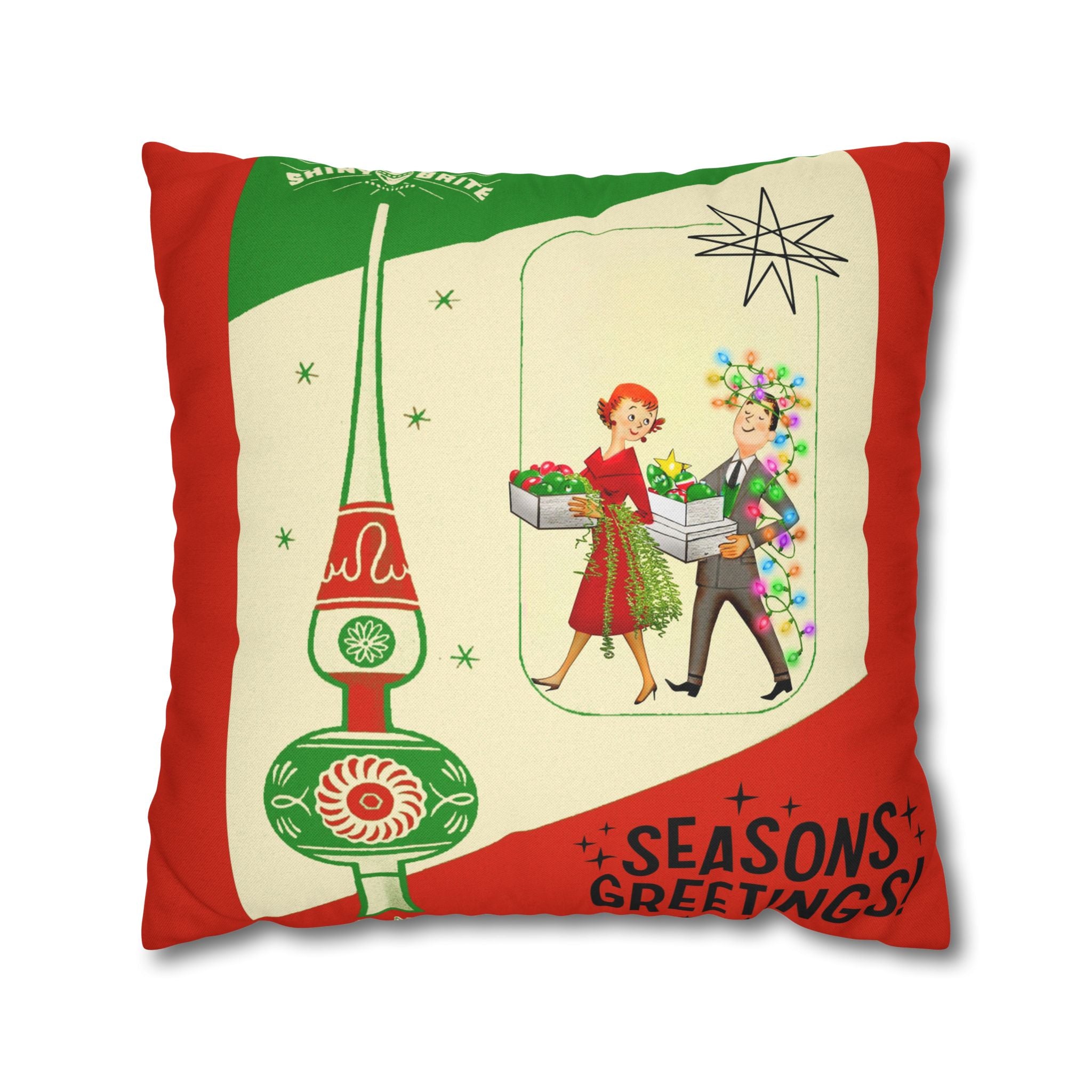 Shiny Brite Holiday Pillow Cover, Mid Century Modern Kitschy Couple Season Greetings - Mid Century Modern Gal