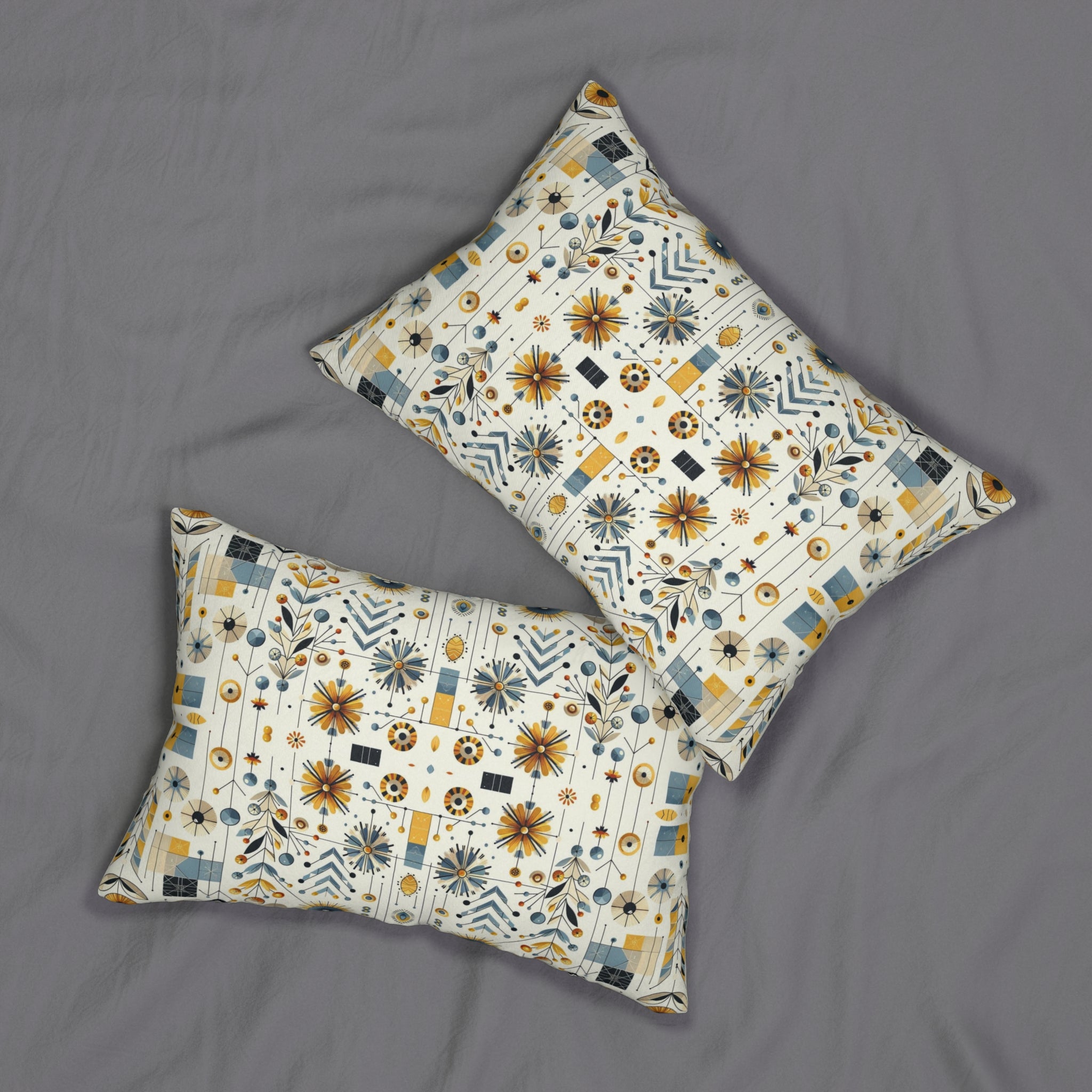 Modern Scandinavian Danish Norwegian Designed Floral Golden Yellow, Blue Mid Century Modern Lumbar Pillow - Mid Century Modern Gal