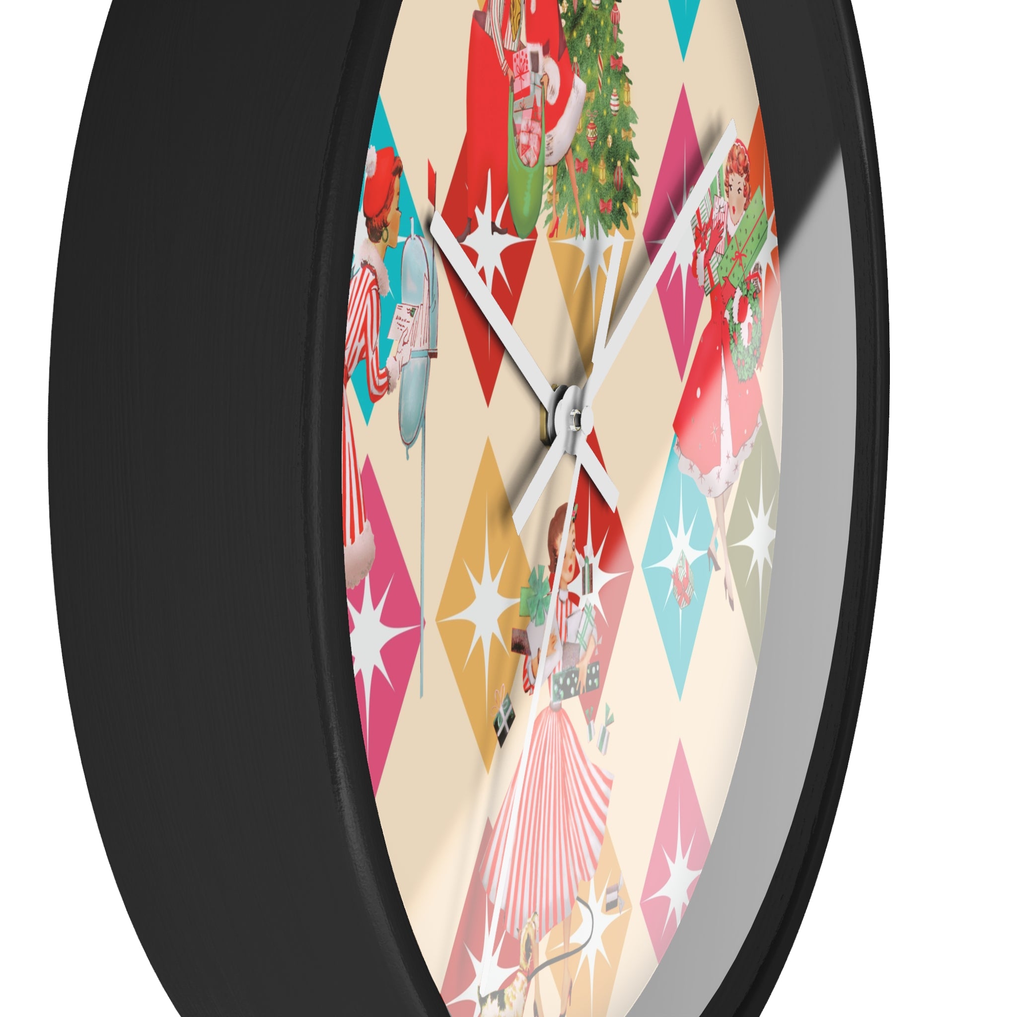 Holiday Retro Vintage Christmas Kitsch, Mid Century Modern Christmas Card Fun Kitschy 50s X-mas Wall Clock - Mid Century Modern Gal