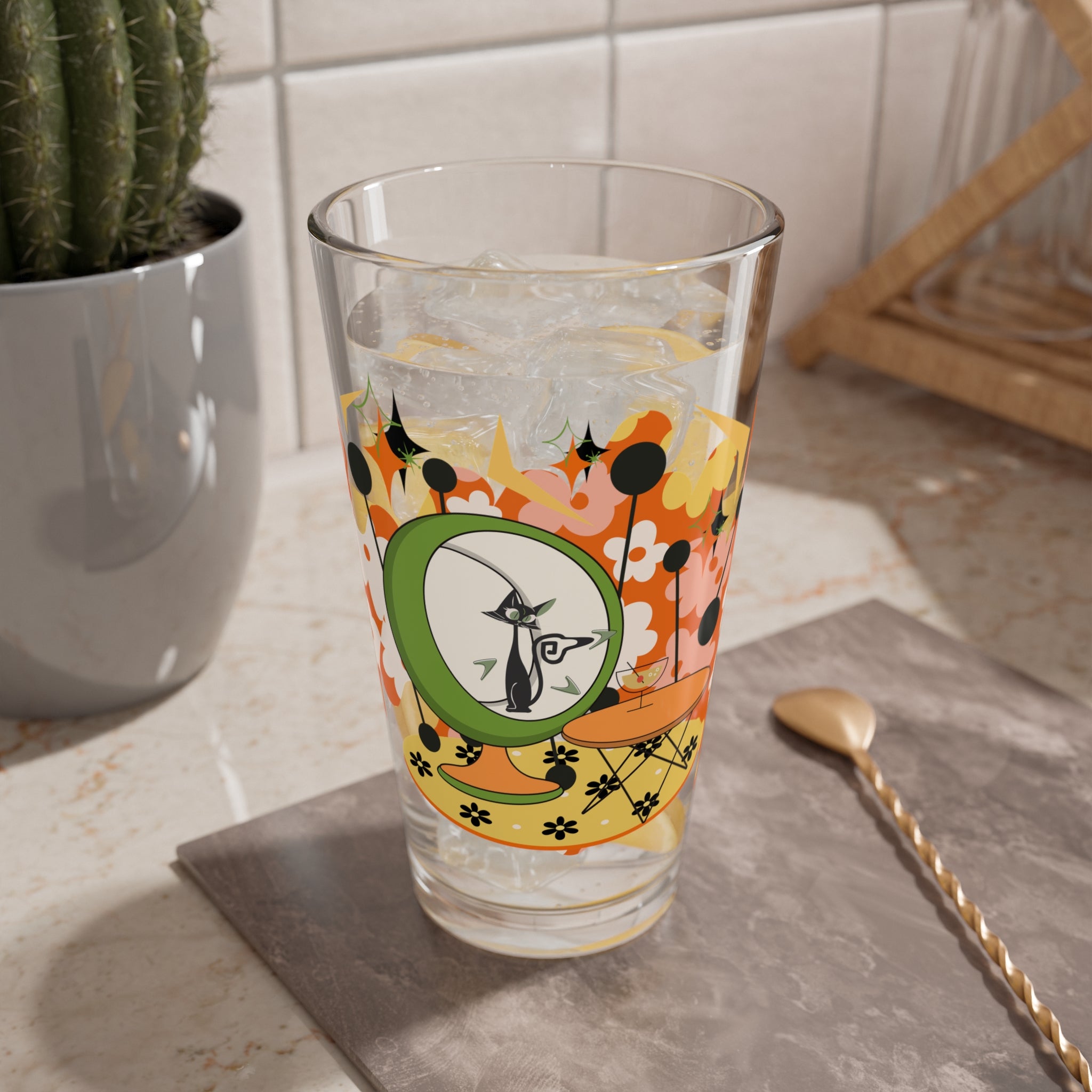 Mid Century Modern Barware, 70s Flower Power Atomic Cat Retro Glass - 16oz Floral Design for Cocktails & Beverages - Mid Century Modern Gal