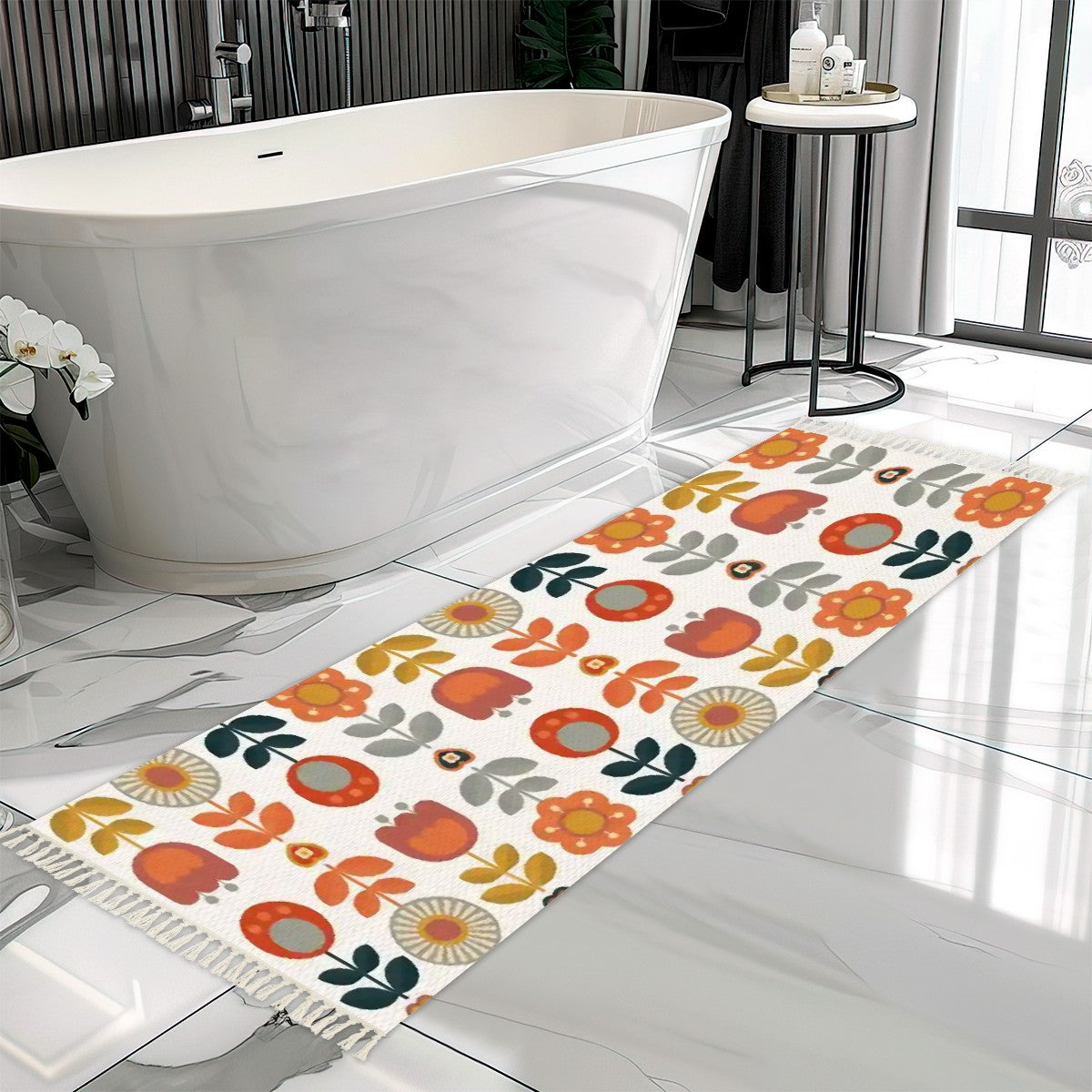 Retro Scandinavian Mod Flower Pop Of Color, Boho Runner Rug with Tassels - Mid Century Modern Gal