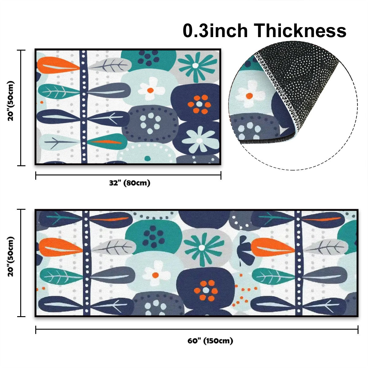 Mid Mod Scandinavian Floral Blue White Orange Retro Kitchen Area Rug Set for Floor Non-Slip Washable - Mid Century Modern Gal