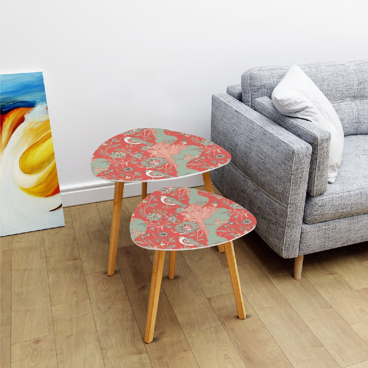 Chinoiserie Modern Nesting Tables, Floral Design In Coral And Mint Green - Mid Century Modern Gal