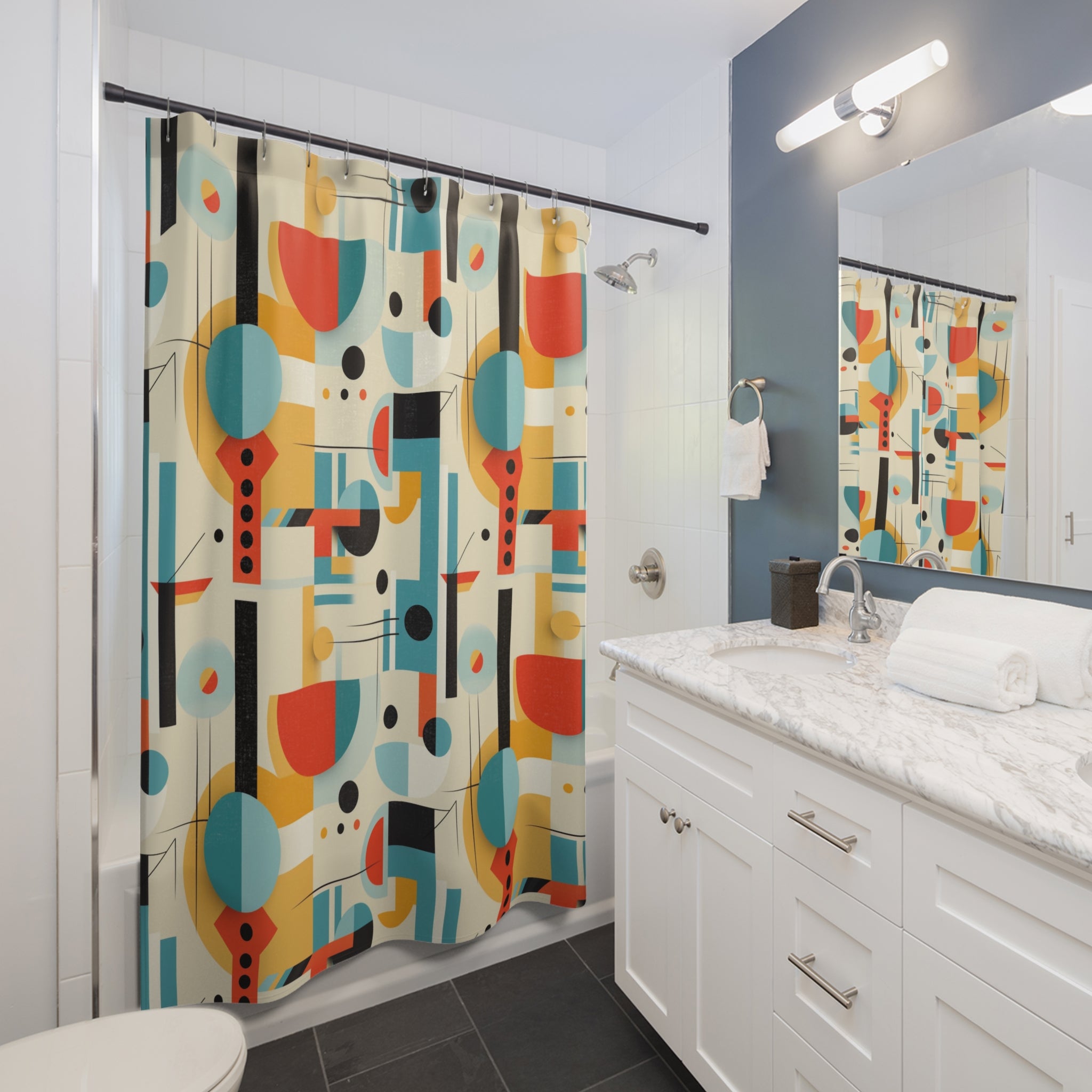 Mid Century Modern Bauhaus Style, Orange, Teal, Aqua Geometric Designed Shower Curtain - Mid Century Modern Gal