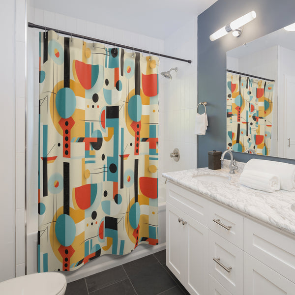 Mid Century Modern Bauhaus Style, Orange, Teal, Aqua Geometric Designed Shower Curtain
