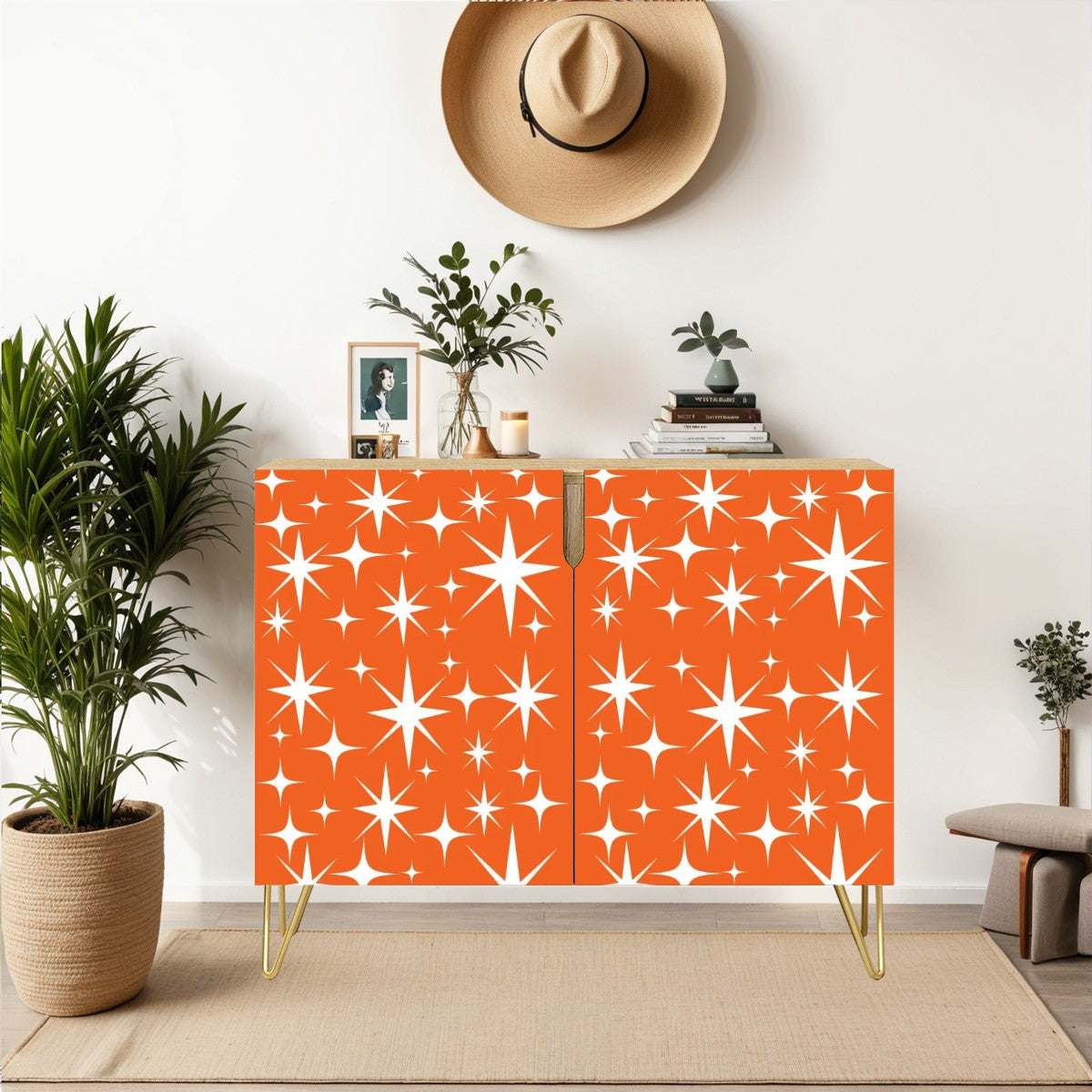 Sinatra Orange, Mid Century Modern Starburst Retro Mod Wooden Storage Cabinet - Mid Century Modern Gal