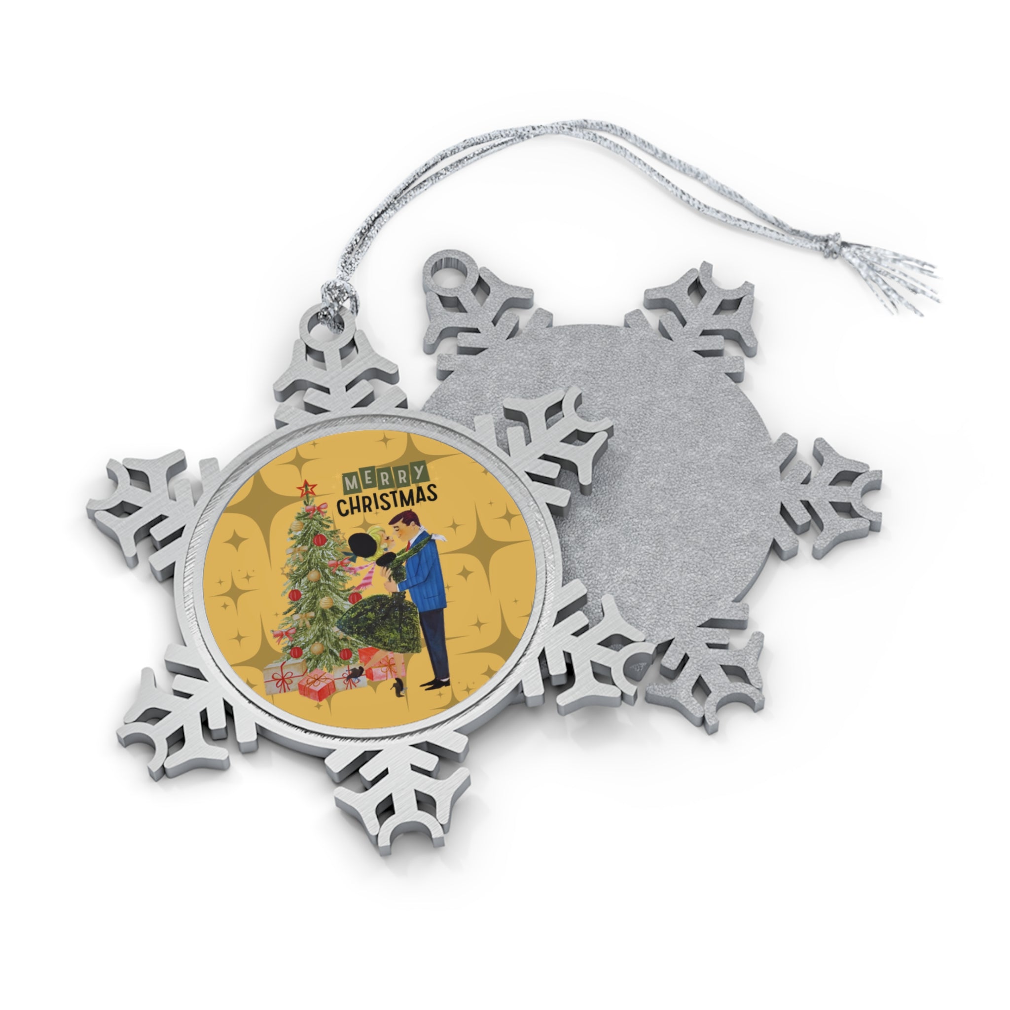 Retro Holiday Kitsch Mid Mod Pewter Snowflake Ornament - Merry Christmas Design - Mid Century Modern Gal