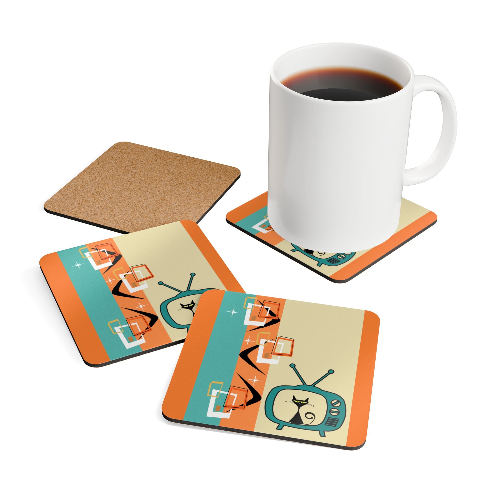 Atomic Cat Retro Kitschy Cute Boomerang Starburst Mid Mod Corkwood Coaster Set - Mid Century Modern Gal