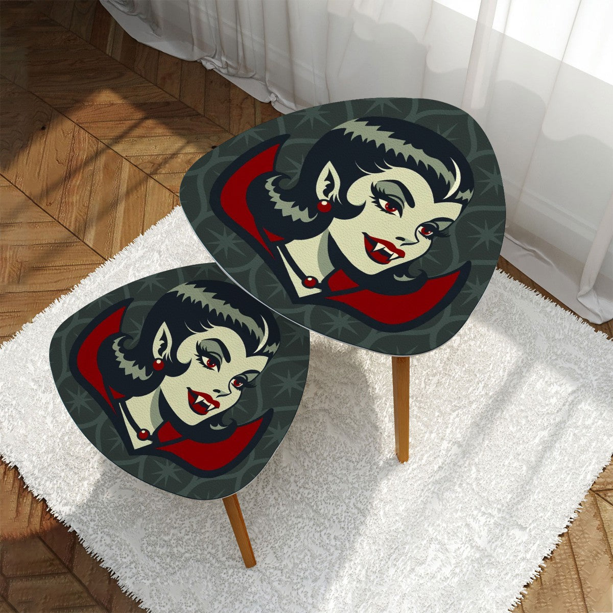 Vampire Dracula Girl Halloween Goth Horror Buff MCM Green Nesting Tables - Mid Century Modern Gal