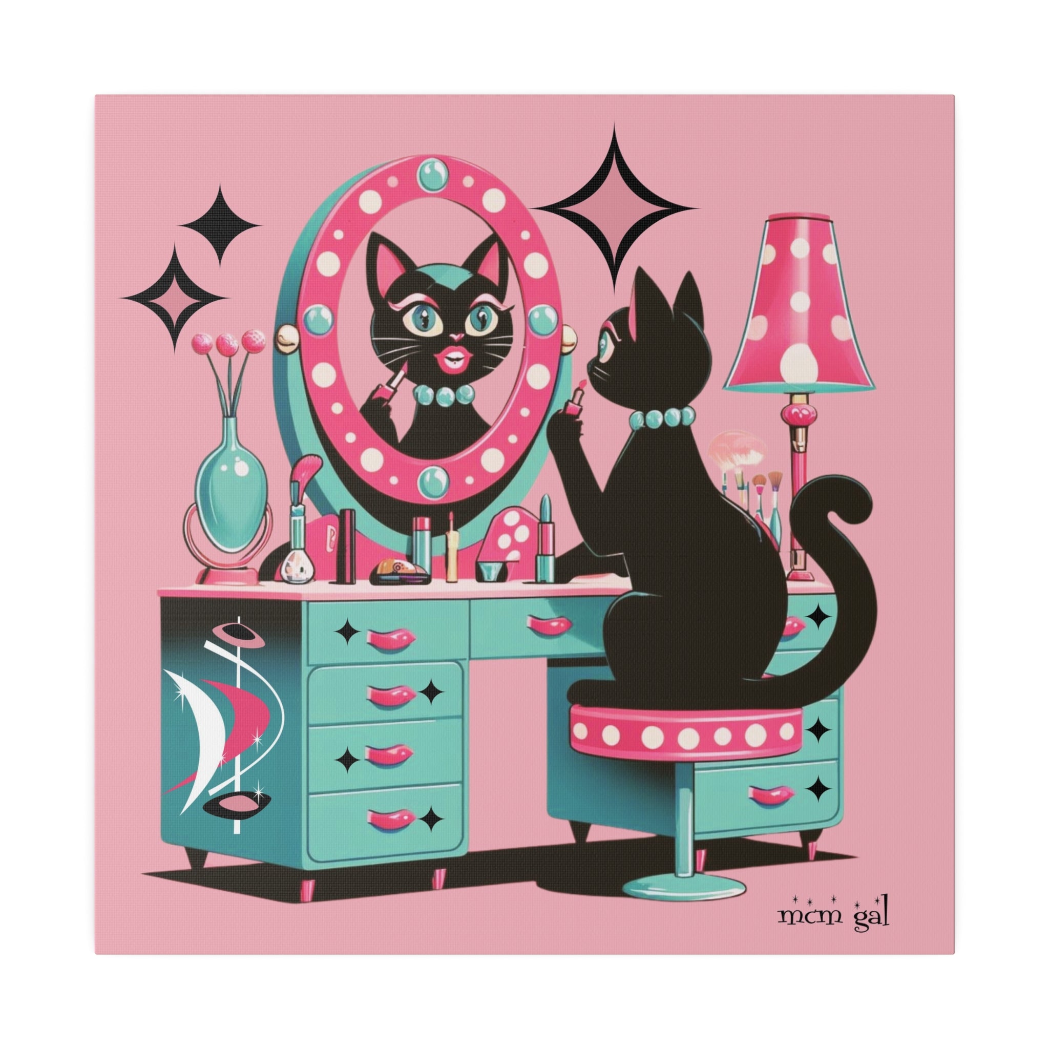 Atomic Cat Wall Art, Mid Mod Pink Boutique Atomic 50s Vanity Pretty Glam Cat Matte Canvas - Mid Century Modern Gal