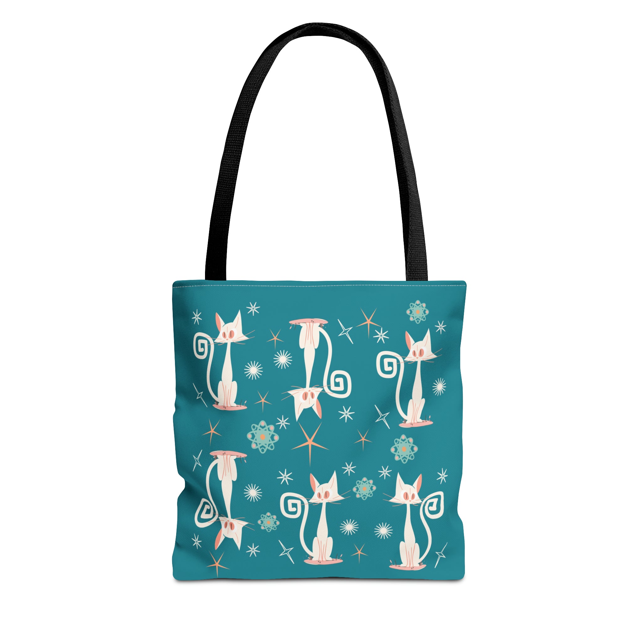 Atomic Kitties, White Kitschy Cats, Coral, Teal, Atomic Age Mid Century Modern Tote Bag - Mid Century Modern Gal