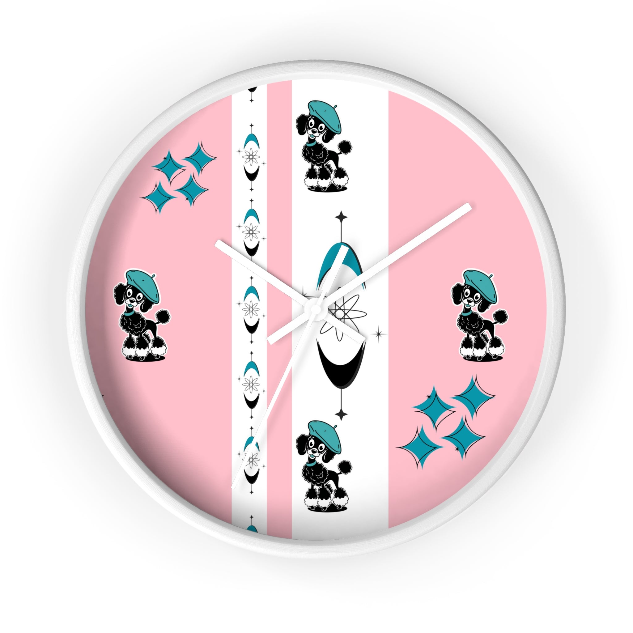 Mid Century Modern Atomic Pink Starburst Wall Clock with Cute Retro Mod Poodle Design - Mid Century Modern Gal