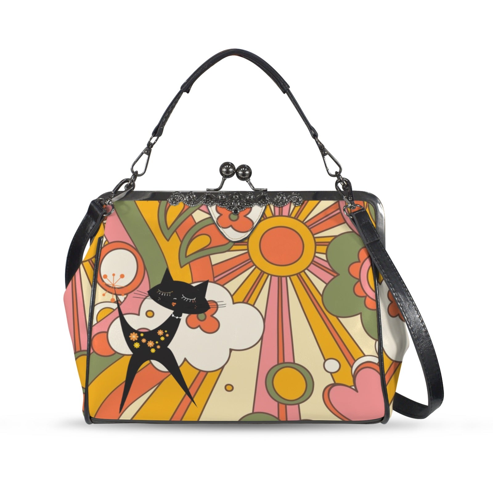 Retro Groovy 70s Sunshine Mid Mod Hippie Vibes and Atomic Cat Kisslock Crossbody Purse - Mid Century Modern Gal