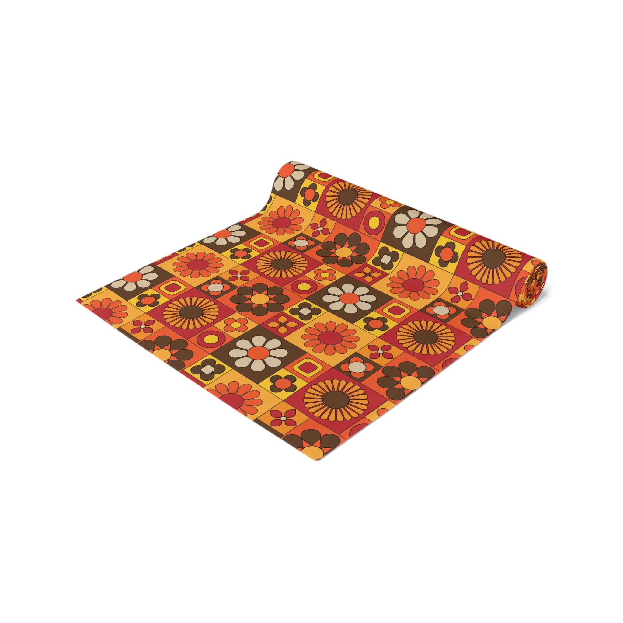 Retro Flower Power Patchwork Groovy Mod Brown Orange Yellow MCM 70s Table Runner - Mid Century Modern Gal