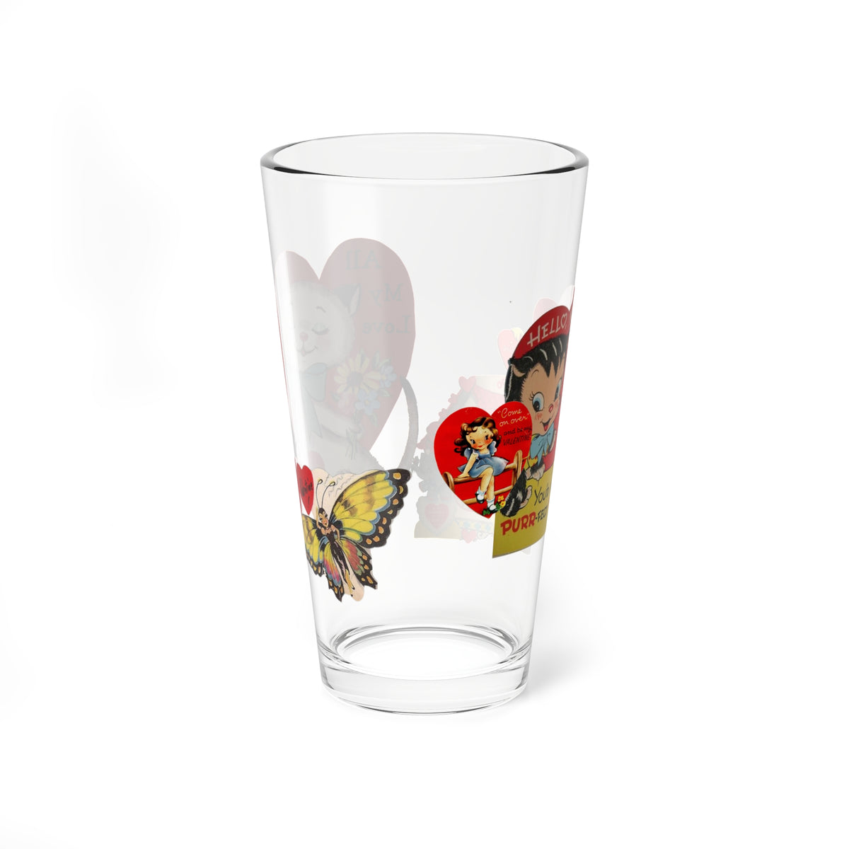 Vintage Valentine Collaged-Inspired Valentine's Mixing Glass - 16oz - Perfect for Love Celebrations - Mid Century Modern Gal