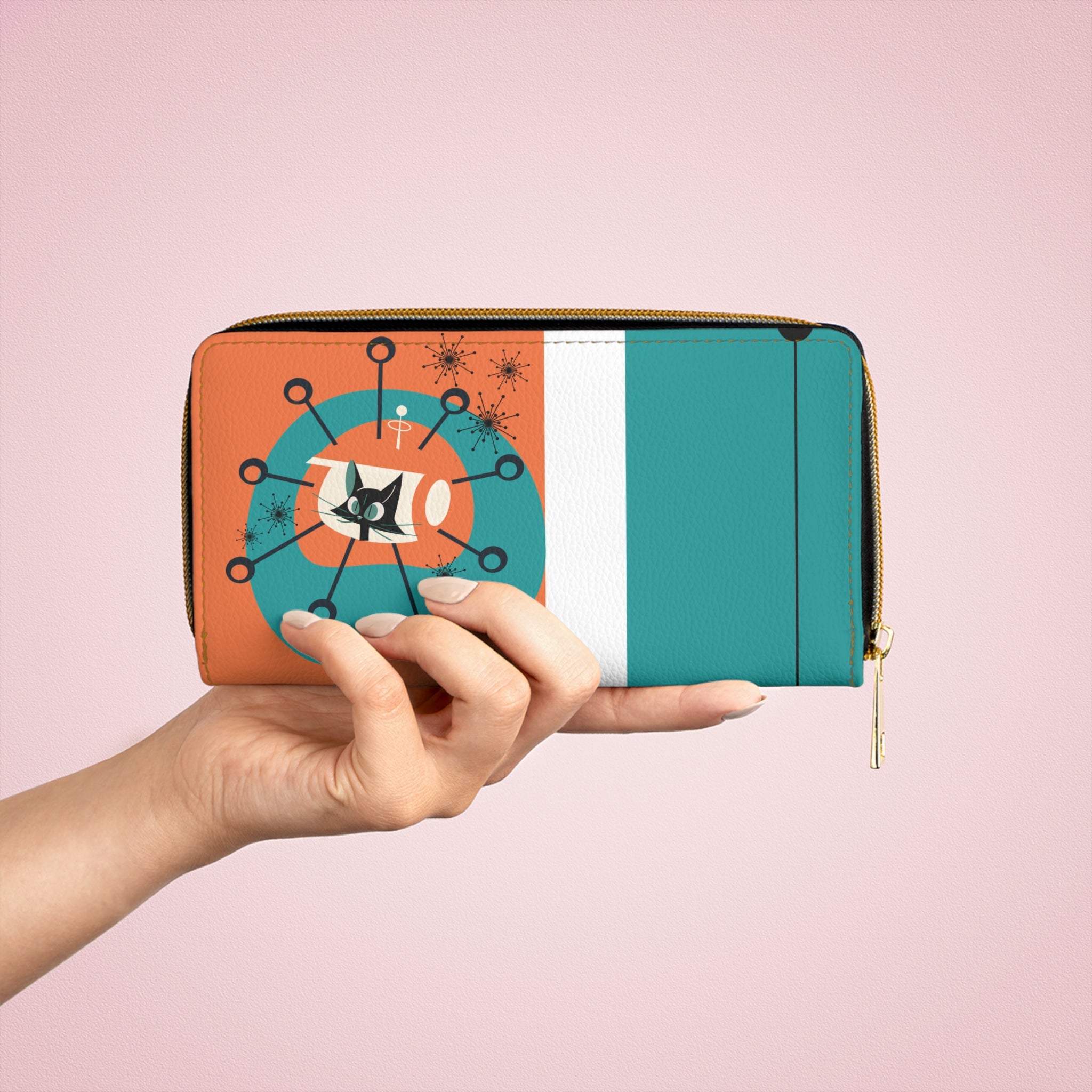 Atomic Cat Orange, Teal Space Age Kitschy Fun Zipper Wallet - Mid Century Modern Gal