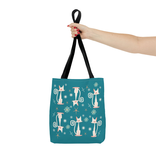 Atomic Kitties, White Kitschy Cats, Coral, Teal, Atomic Age Mid Century Modern Tote Bag