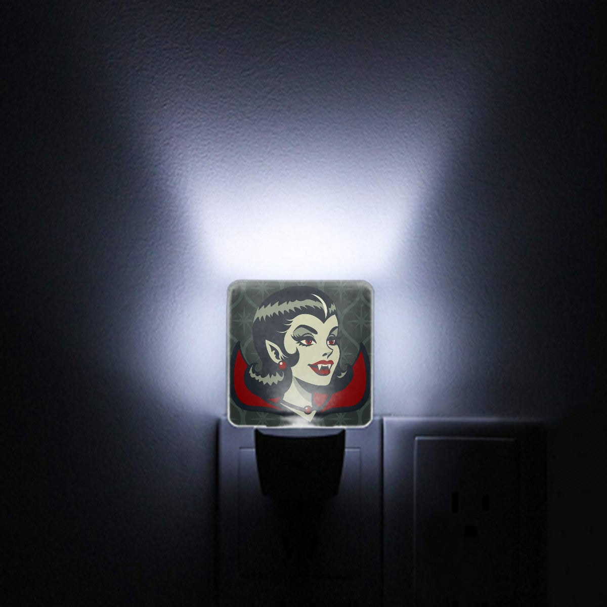 Vampire Dracula Girl Halloween Goth Horror Buff MCM Green LED Night Light Set of 2 - Mid Century Modern Gal